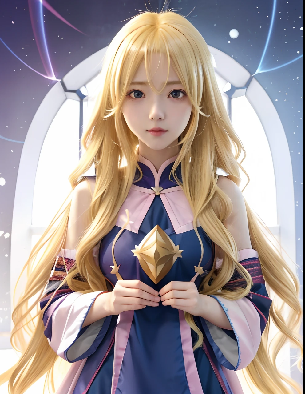 anime girl with long blonde hair holding a colorful object, alchemist girl, light novel cover art, epic light novel art cover, anime visual of a cute girl, ayaka genshin impact, blonde anime girl with long hair, fate grand order, ayaka game genshin impact, detailed key anime art, holo, artoria pendragon, hyperprism