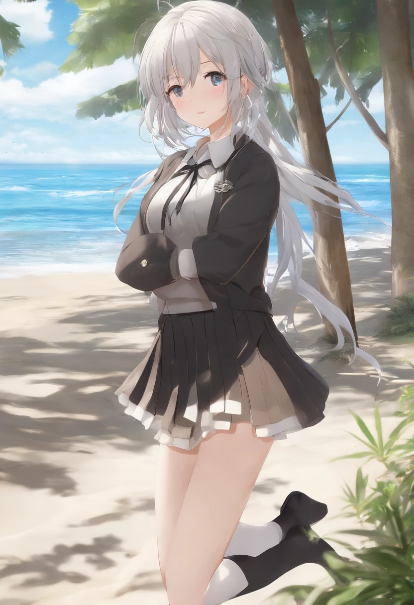 ((masterpiece)), ((best quality)), ((highres)), ((extremely detailed CG unity 8k wallpaper)), solo, tachibana kanade, tan school uniform, black skirt, white socks, outdoors, face, beach, hanging hair, parted hair, silver hair