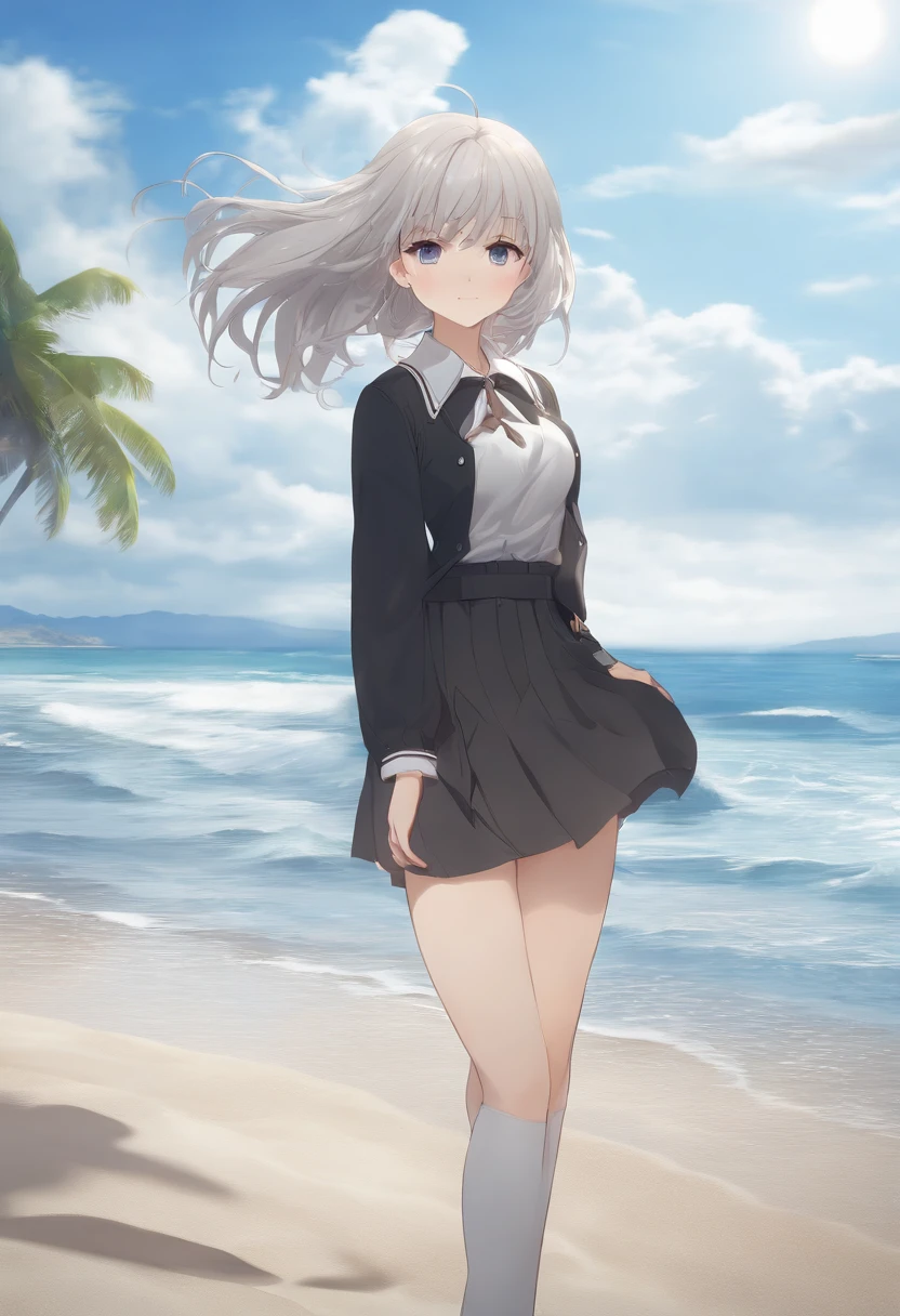 ((masterpiece)), ((best quality)), ((highres)), ((extremely detailed CG unity 8k wallpaper)), solo, tachibana kanade, tan school uniform, black skirt, white socks, outdoors, face, beach, hanging hair, parted hair, silver hair