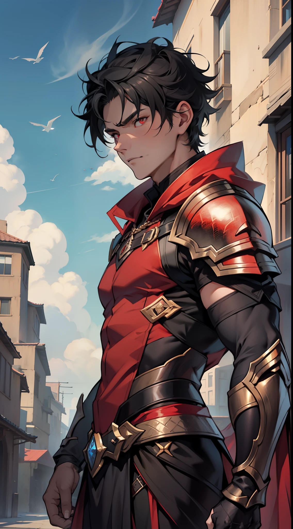 tmasterpiece,Need,超高分辨率,shoun,Black armor,scutes,Cloak,musculature,(with short black hair),red color eyes,Libido boy,scales,Clouds,Dark skin