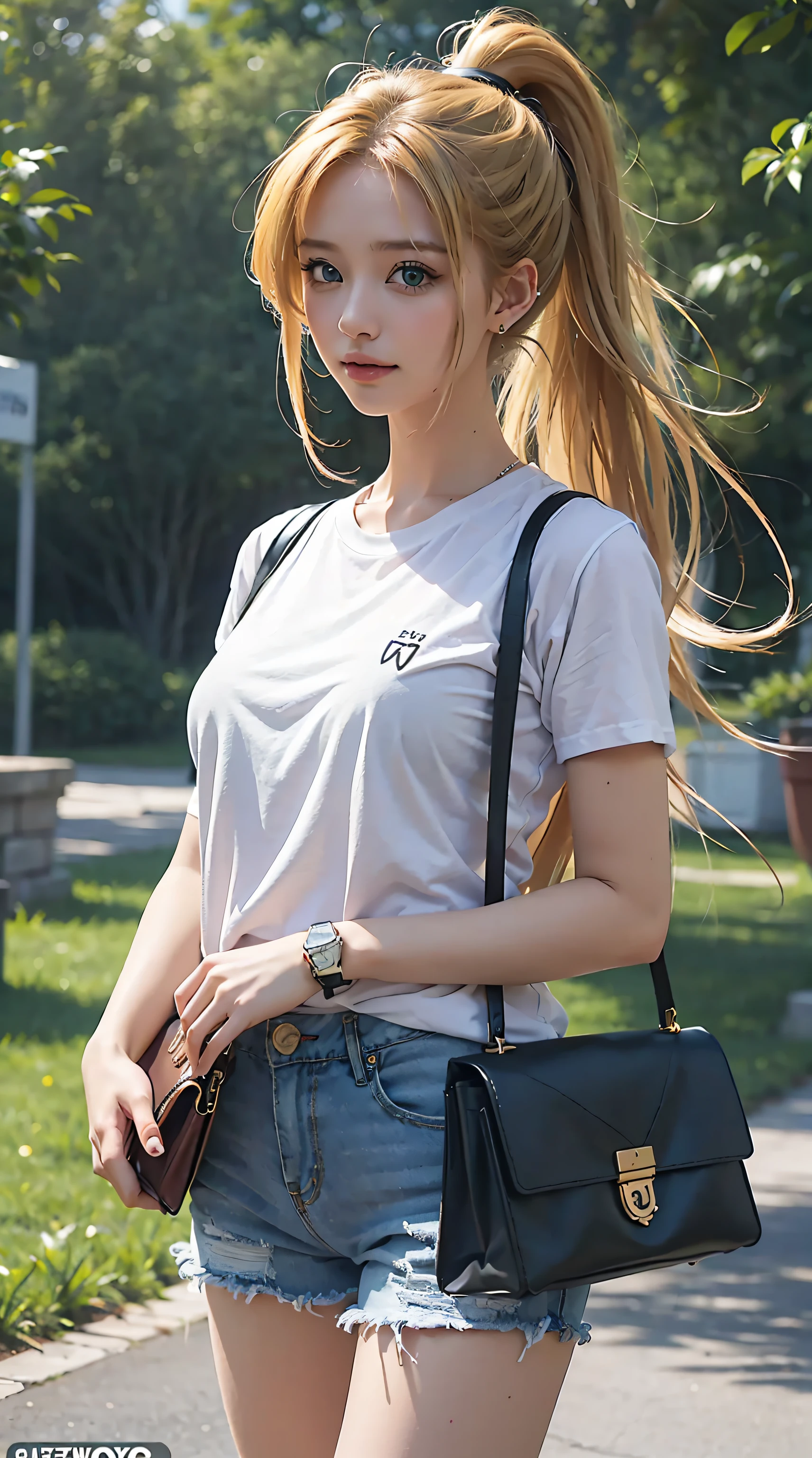 masterpiece, best quality, , 1girl, solo, looking at viewer, , depth of field, asia_argento, blonde hair, green eyes, beautiful, beautiful woman, perfect body, perfect breasts, wearing an oversized white t-shirt , jeans shorts, wearing a handbag, a watch, wearing earrings , cozy shop there, department store, ponytail, looking at the viewer, a slight smile, realism, masterpiece, textured leather, super detailed, high detail, high quality, best quality, 1080p, 16k