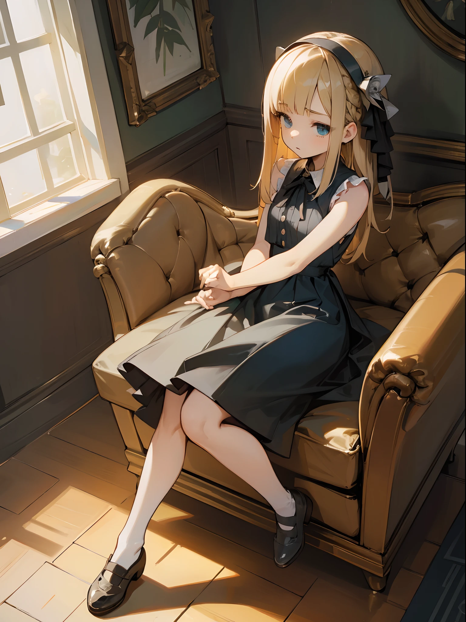 Reines, 1girl, high quality, best quality, illustration, masterpiece, (highly detailed:1.2), (extremely detailed:1.3), flat chest, sleeveless, backless, bare shoulders, young girl, mini skirt, no pants, braid, (children:1.2), slender thighs, , in a house, sitting on chair, smiling