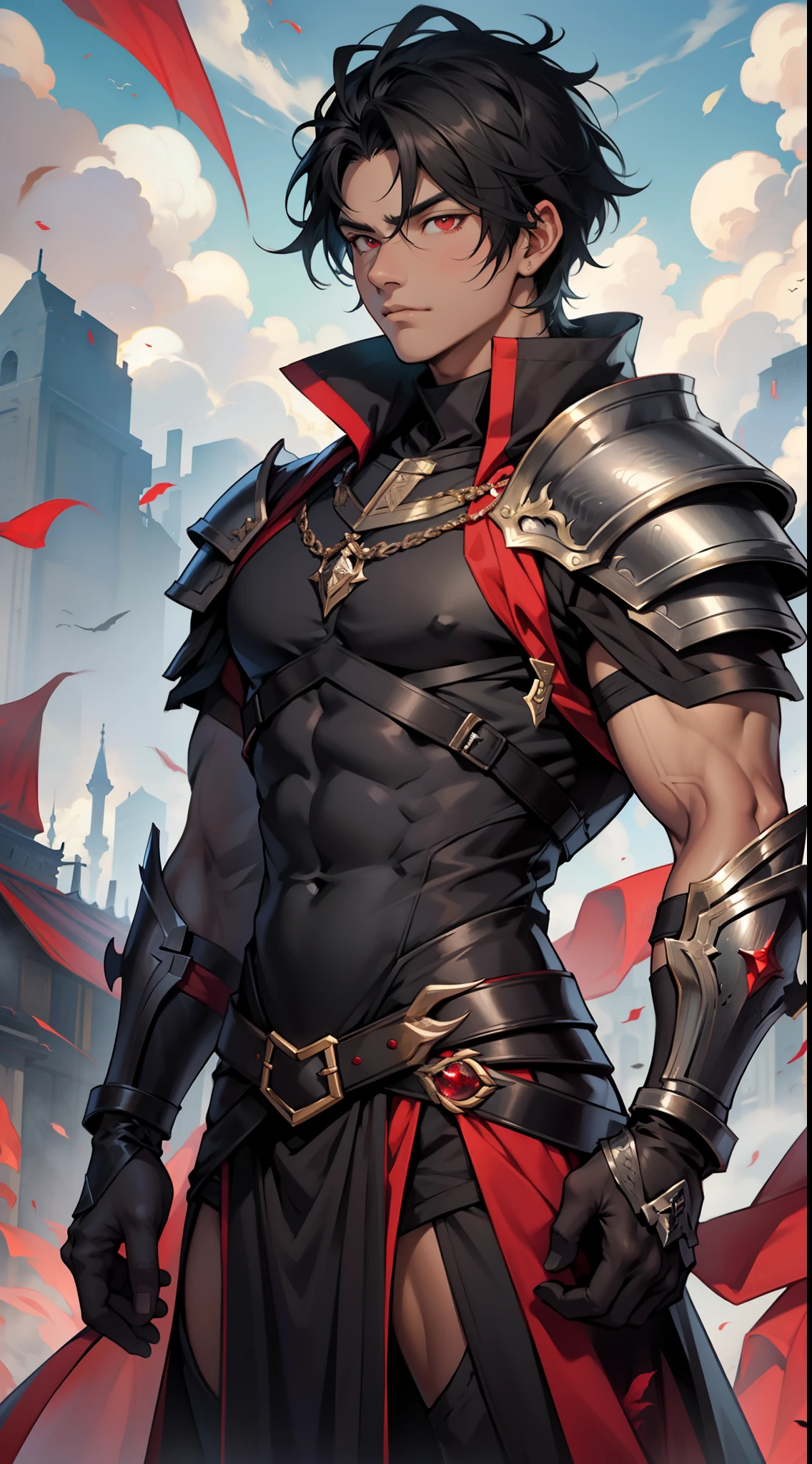 tmasterpiece，Need，超高分辨率，shoun，Black armor，scutes，Cloak，musculature，(with short black hair)，red color eyes，Libido boy,scales，Clouds，Dark  skin