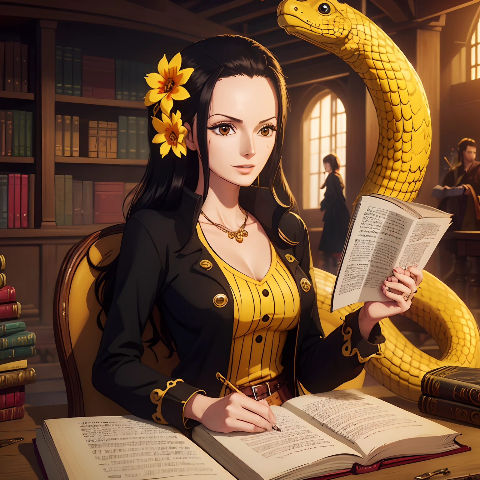 Location art, key art, best quality, master piece, Detailed U, one piece, One Piece Style, Location art, key art, best quality, on a pirate ship, a woman with long hair, black clothes, Laughing, Nico Robin, flower in hair, Studying, library, archaeologist, books, yellow snake mascot, yellow snake, happy