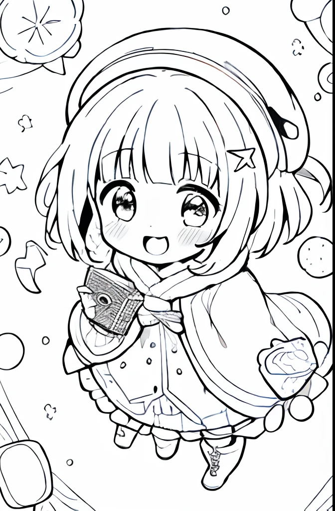 sketch,((((coloring book,monochrome,lineart,white onry)))),high contrast;alittle witch girl putted on winter magical hat,(having twin tail),and wearing winter dress robe;((masterpiece)),((high quality)),((high detailed)),((8k wallpaper)); embarrassed;from above,full body,dynamic angle,posing;round (dropped) eyes;wind,snow particles;((1girl)),((chibi)),((short hair)),twin tail,winter dress robe,magical hat,hair pin,ribbon,twin tail,socks,boots;open mouth,(light smile),(frill);((girl's comic)),((icon)),inkspace,(((adobe illustration))),thick outline,600dpi,pixelart