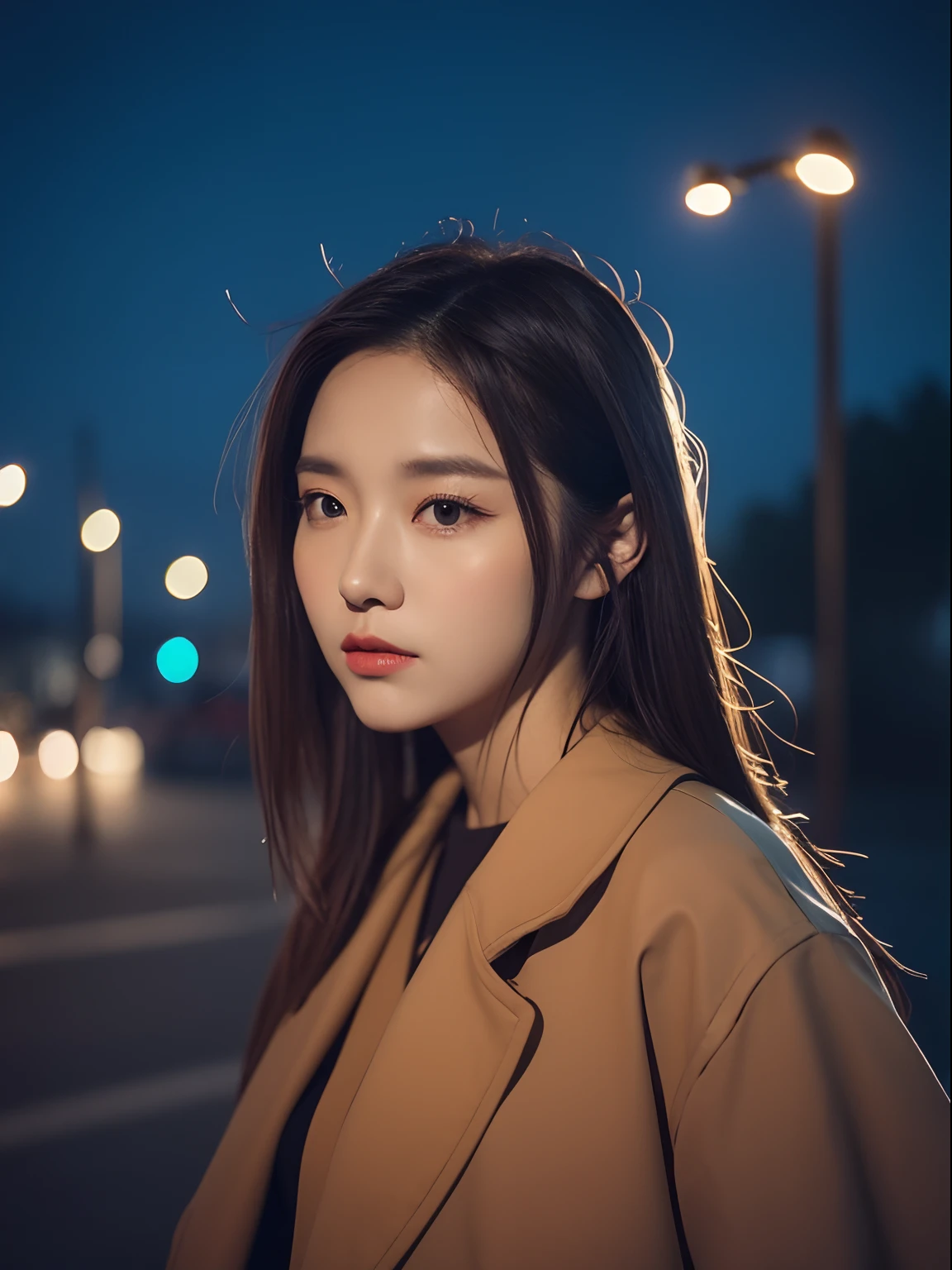 Photo of a Beautiful Korean kpop idol Woman, simple nostalgic, Autumn evening lights, Professional iPhone photo art photo,Station background,Reluctant expressions,A gentle breeze blows,Eyes on the future,Miss