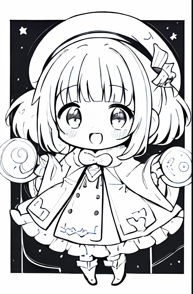 sketch,((((coloring book,monochrome,lineart,white onry)))),high contrast;alittle witch girl putted on winter magical hat,(having twin tail),and wearing winter dress robe;((masterpiece)),((high quality)),((high detailed)),((8k wallpaper)); embarrassed;from above,full body,dynamic angle,posing;round (dropped) eyes;wind,snow particles;((1girl)),((chibi)),((short hair)),twin tail,winter dress robe,magical hat,hair pin,ribbon,twin tail,socks,boots;open mouth,(light smile),(frill);((girl's comic)),((icon)),inkspace,(((adobe illustration))),thick outline,600dpi,pixelart