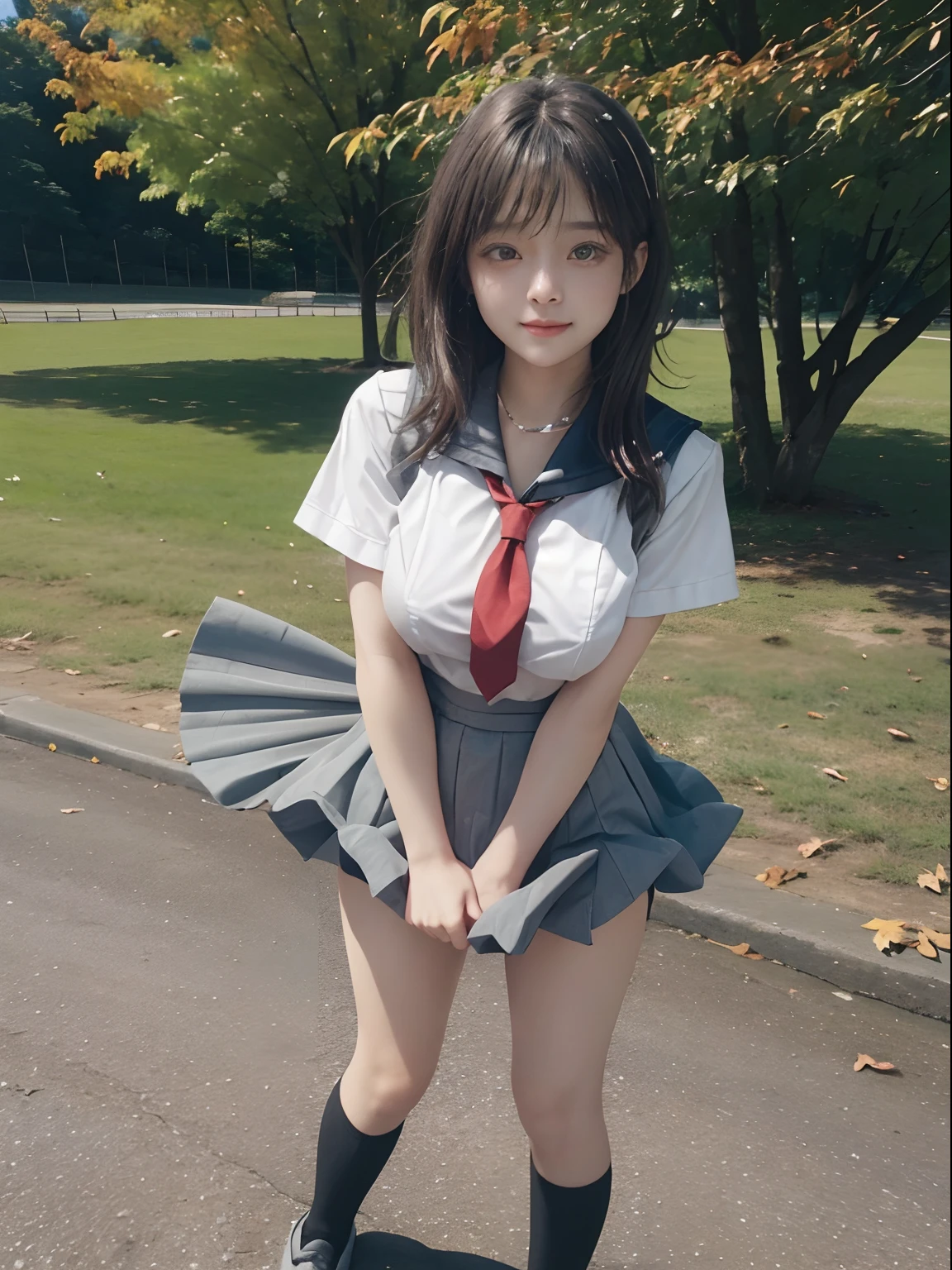 top-quality,​masterpiece,Photo Real,1 girl in, an extremely beautiful -yeld gi (kawaii:1.2),Double eyelids、Detailed black eyes、(browny short hair), Carefree smile、perfect glossy skin,((accurate hands without incongruity)), large full breasts,big breasts thin waist,((a sailor suit)),((Short sleeve uniform white shirt)),(red necktie),(Mini pleated skirt in grey:1.4)、 sockes, (Black knee socks),Loafer shoes, (Turn:1.6)、during daytime,Autumn park full of light、The wind is blowing、cinematlic lighting