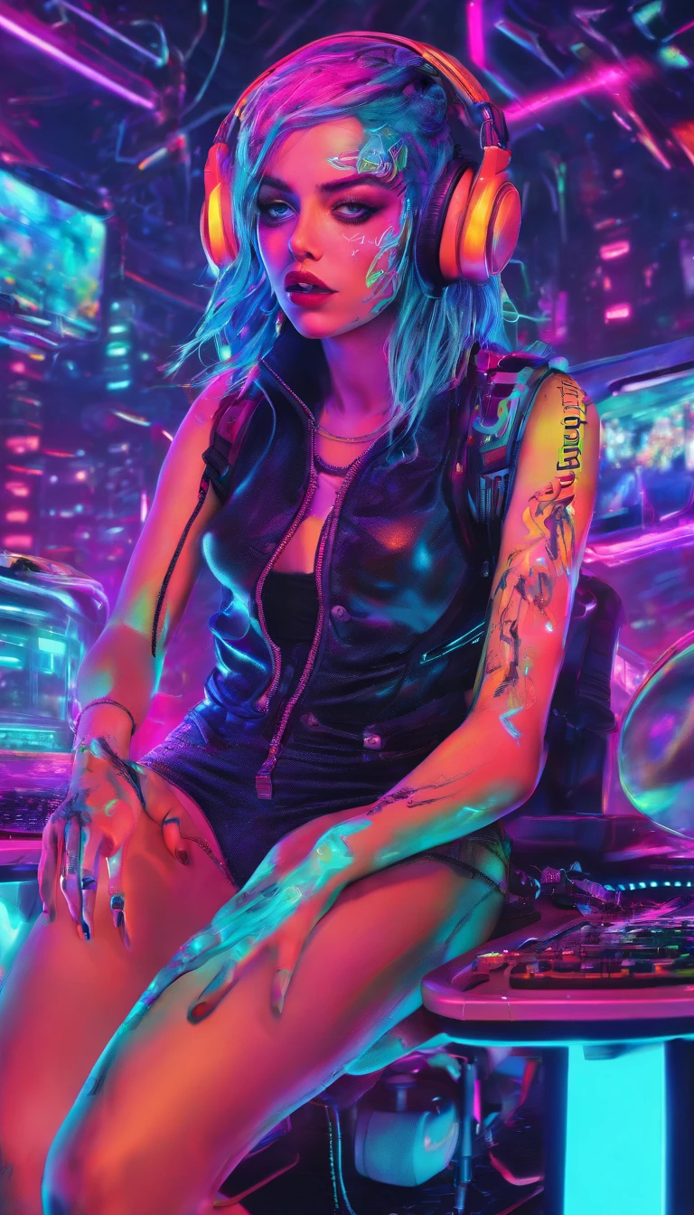 Colorful, hyper-realistic , cyberpunk, Psychedelic vampire female DJ plays dj instruments very crazy, looks intense, unlimited energy, full of passion, expression is so extraordinary, wearing vampire clothes integrated with modern cyberpunk dj costumes, complete with headphones and mic, tattooed cleavage, tattooed arms. DJ musical instruments are so sophisticated, neon cables everywhere, colorful neon cables add a futuristic impression that is so strong, psychedelic, neon wires, colorful, energy, sweat, crowd, epic futurism, crazy, explosive, high_res, very detailed