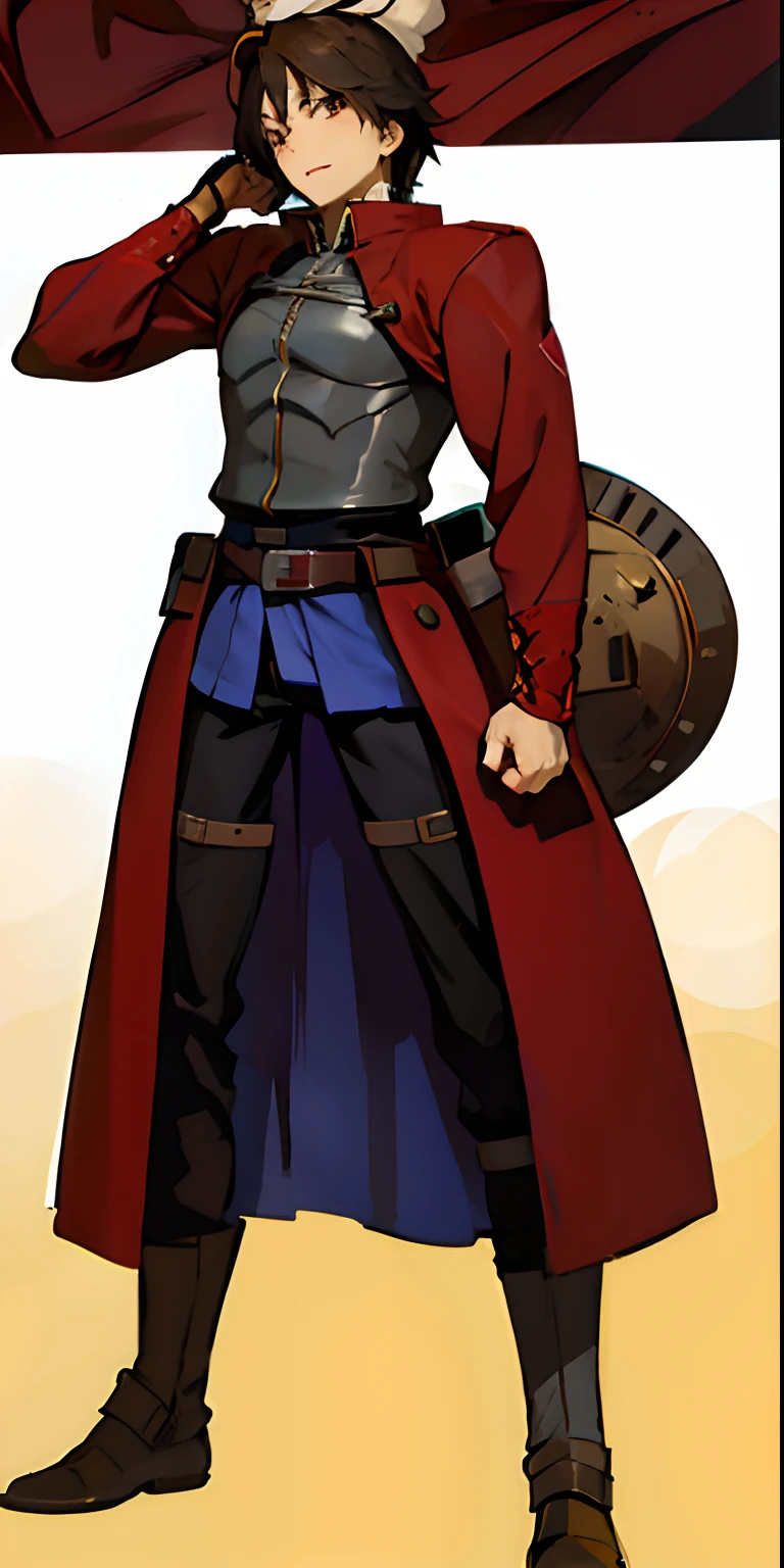 Anime character dressed in red coat and hat holding a big bag, RPG Retrato Corpo Inteiro, Close-up de corpo inteiro, Ike Nobutaka, Retrato RPG de corpo inteiro, !!retrato de corpo inteiro!!, final fantasy tactics character, Directed by: Kamisaka Sekka, corpo inteiro!, Arte Oficial, Meio invocador metade Megumin, Retrato de personagem de corpo inteiro