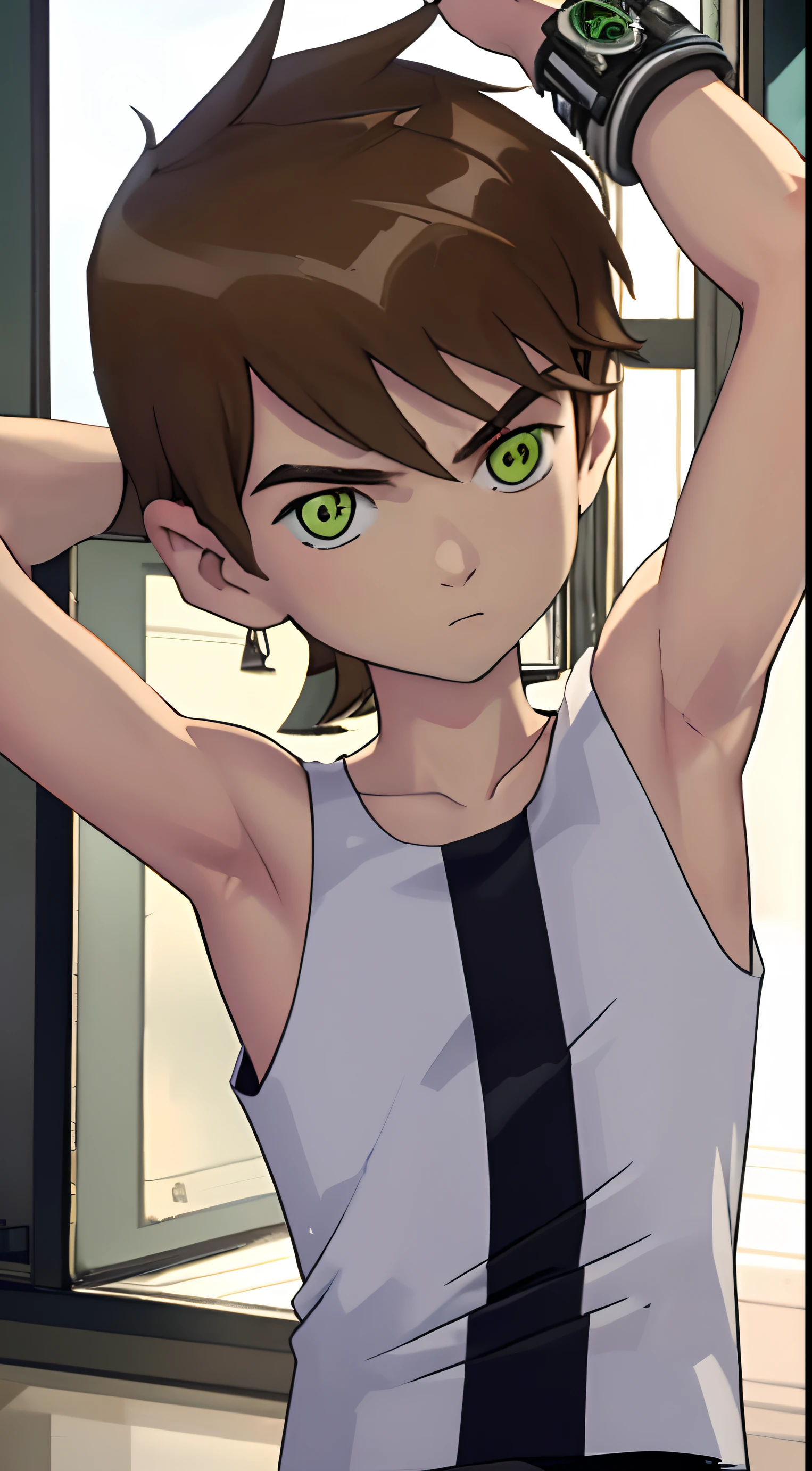 Highres, Masterpiece, Best quality at best,Best Quality, 1boy, bentennyson, green eyes, cargo pants, watch, white tank top, close-up the body, upper body,  the day, summer, (armpit)