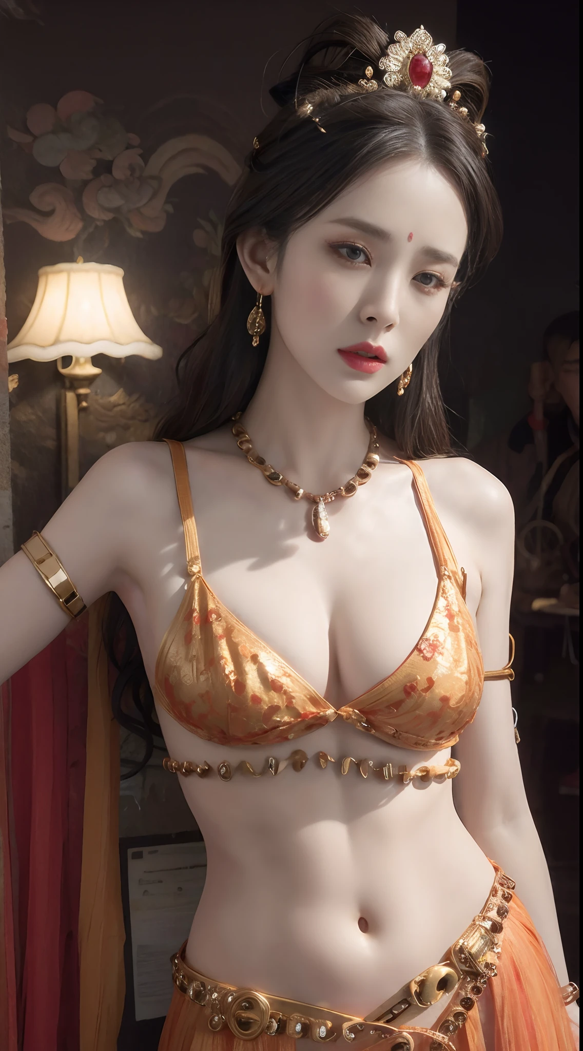 (RAW photogr, Best quality), (Realistic, Photorealistic:1.3), Best quality, Highly detailed, Masterpiece, Super detailed, illustration, 1 girl, Full body like , Dynamic Angle, Exposed shoulders, low chest, huge tit, exposed navel, Full body shot, world masterpiece theater, sense of chaos, ancient atmosphere, ink, astounding, Cinematic lighting, Lens flare, Dunhuang style