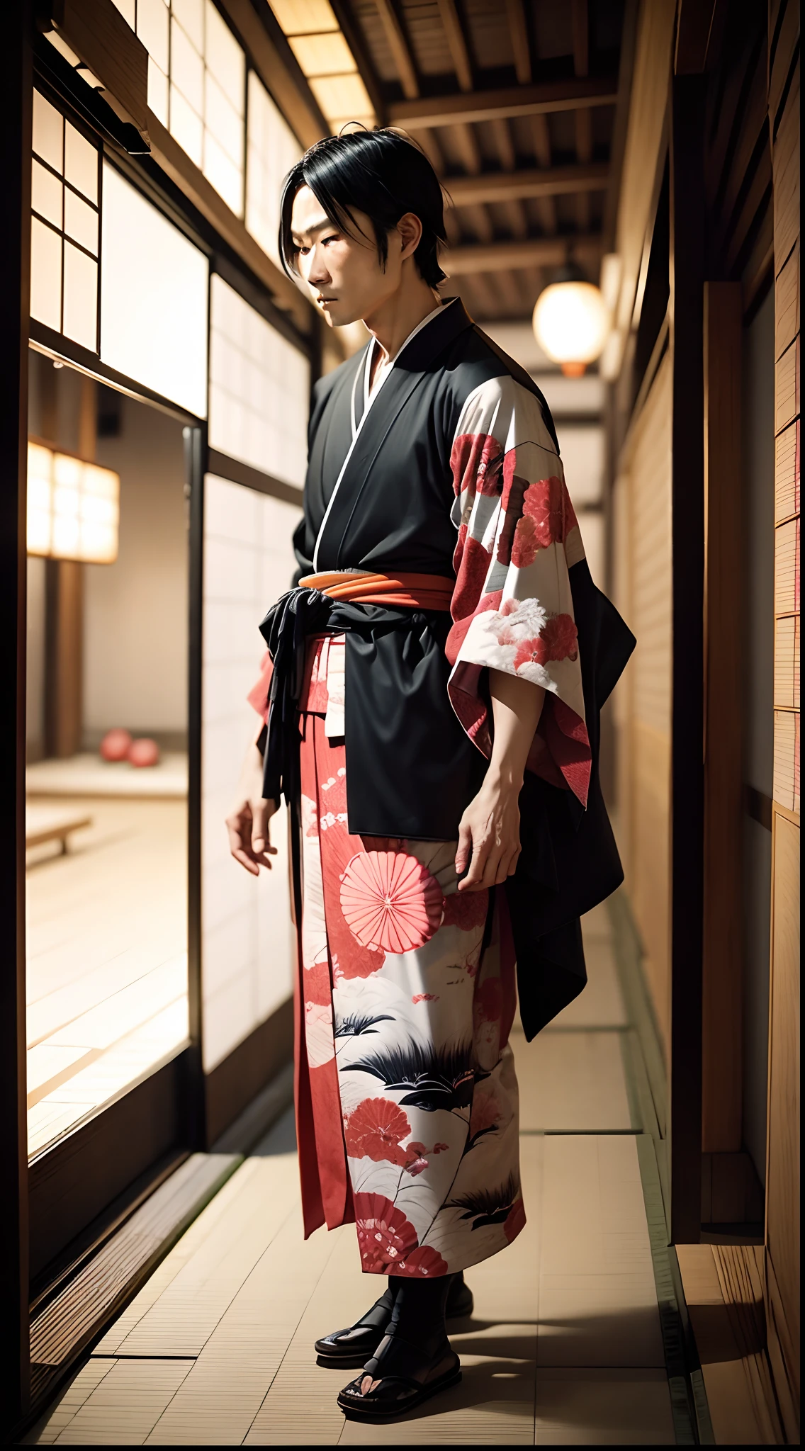 Japanese man, kimono,black hair,thief, Japanese edo period, recovered photograph,walk in nigt city ,(disposable film: 1.2), bad lighting, dim