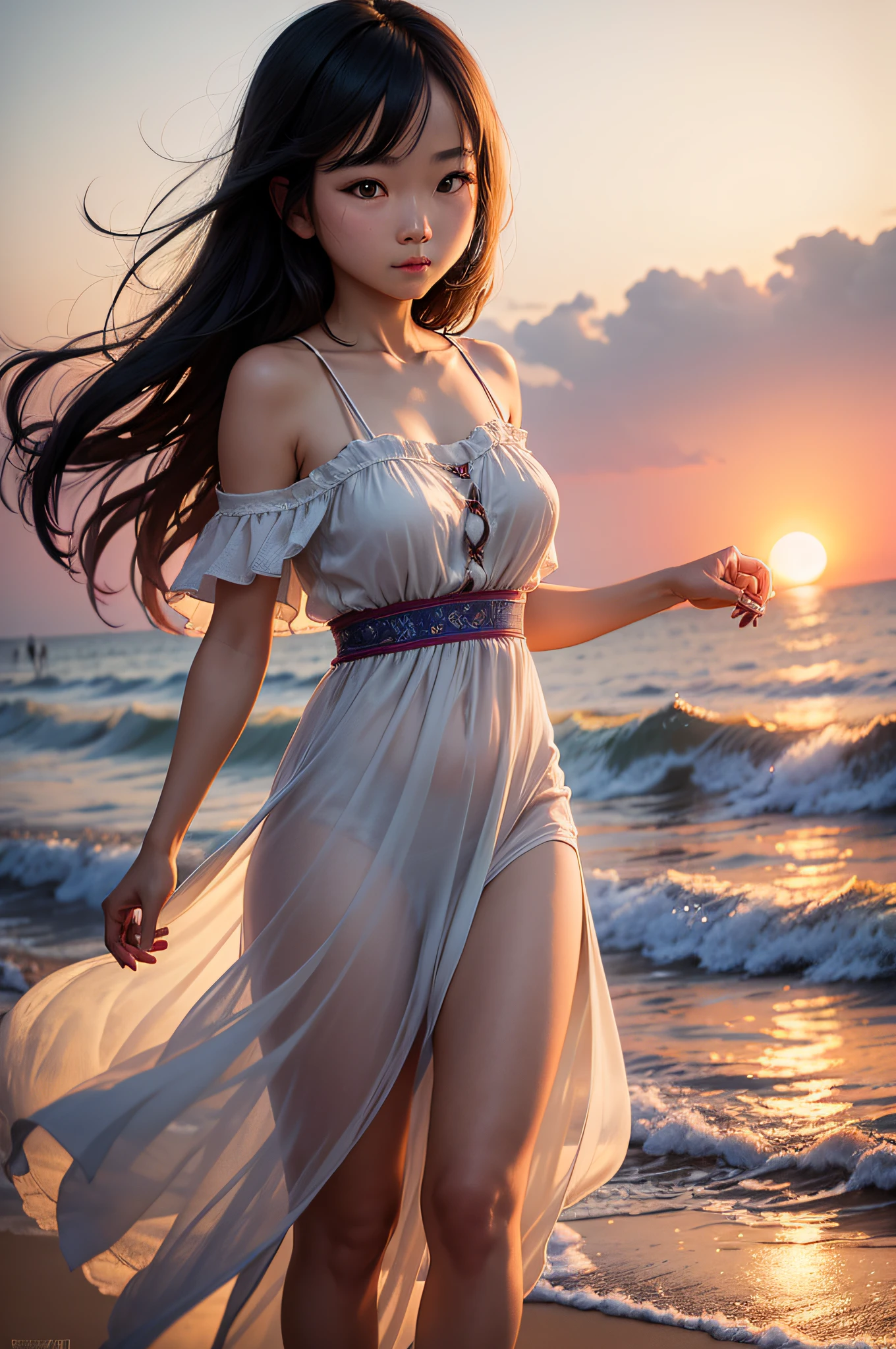 ohemian-style maxi dress, Taiwanese girl, sunset, beach, play sparkle,using Canon RF 85mm f/1.2L lens, 1/100,film-like atmosphere,portrait photography,highly detailed,masterpiece, top