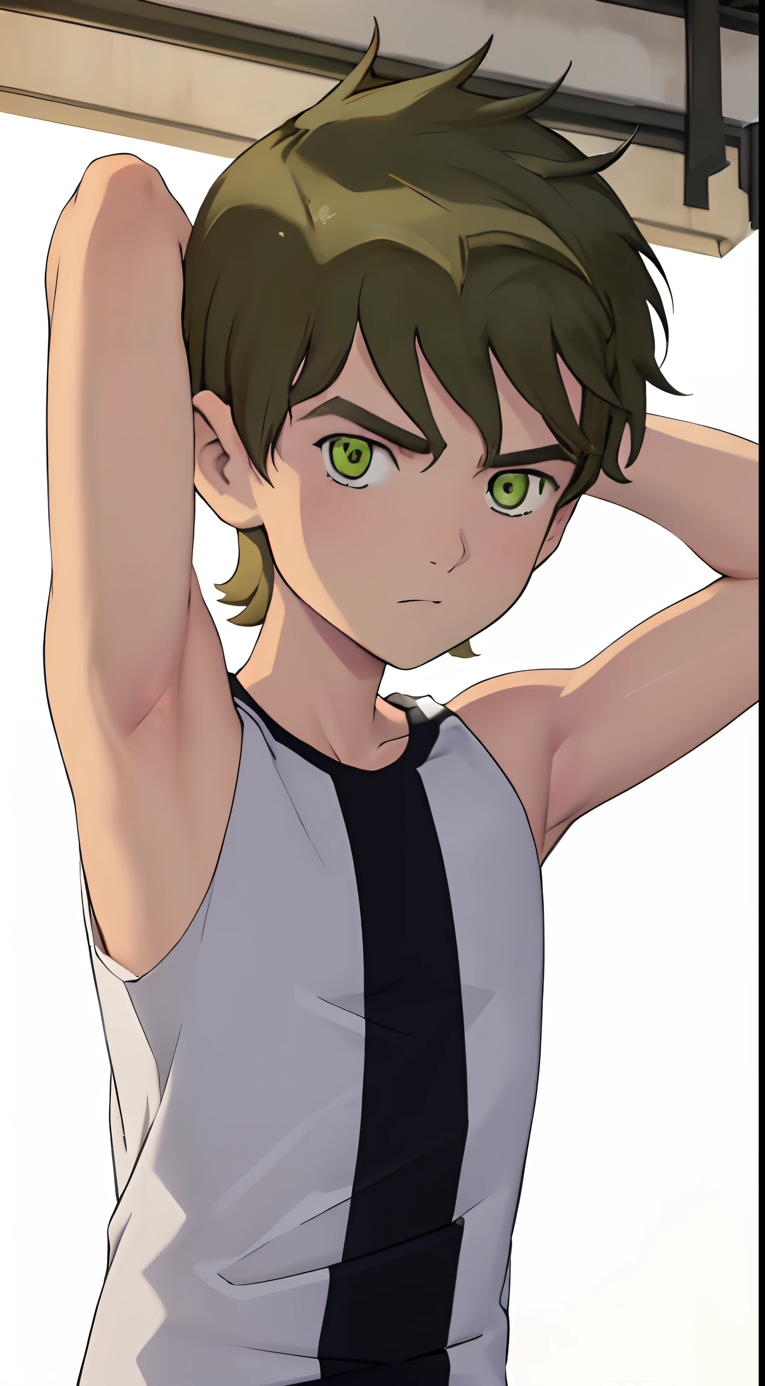 Highres, Masterpiece, Best quality at best,Best Quality, 1boy, bentennyson, green eyes, cargo pants, watch, white tank top, close-up the body, upper body,  the day, summer, (armpit)