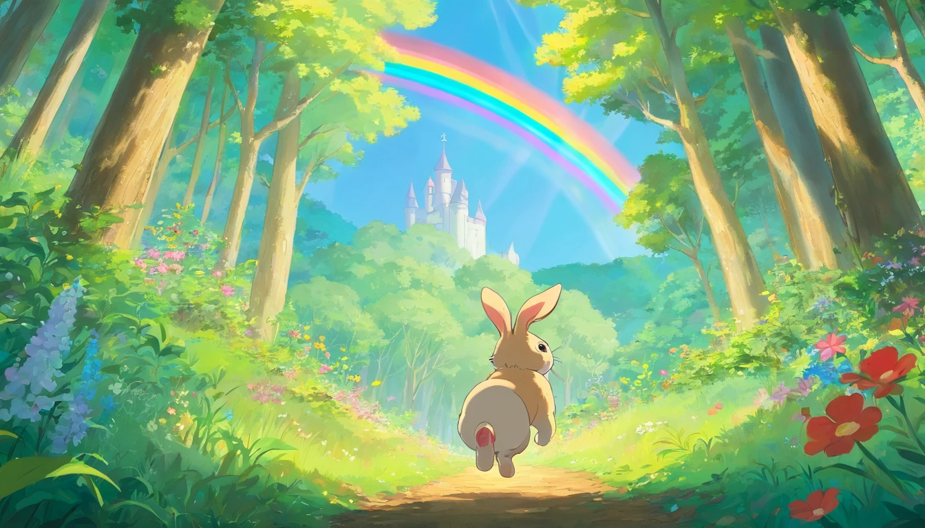 Little bunny standing in the forest with eyes full of curiosity and adventure, the background contains green trees, flowers and blue sky with a rainbow in the distance
