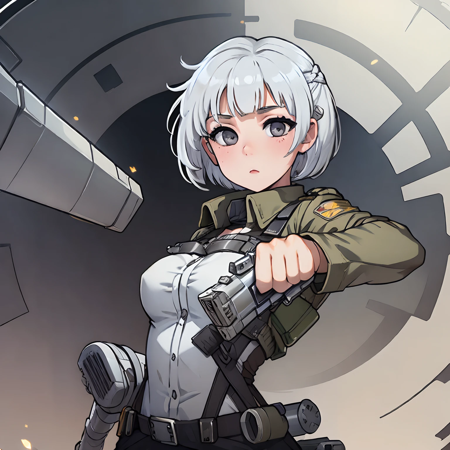 (White short hair), (gray eyes) (military uniform), (girl), (dual pistols),