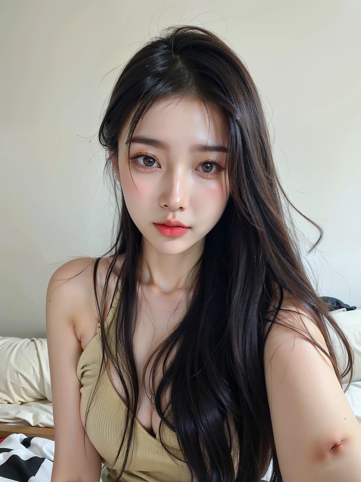 alafed asian woman，Long black hair sitting on bed, Gorgeous young Korean woman, beautiful Korean women, Korean girl, Beautiful young Korean woman, ulzzangs, Korean woman, Choi Hyun-hwa, popular korean makeup, young lovely Korean faces, Popular Korean makeup, Shin Jinying, jaeyeon nam, wan adorable korean face, 8k selfie photograph