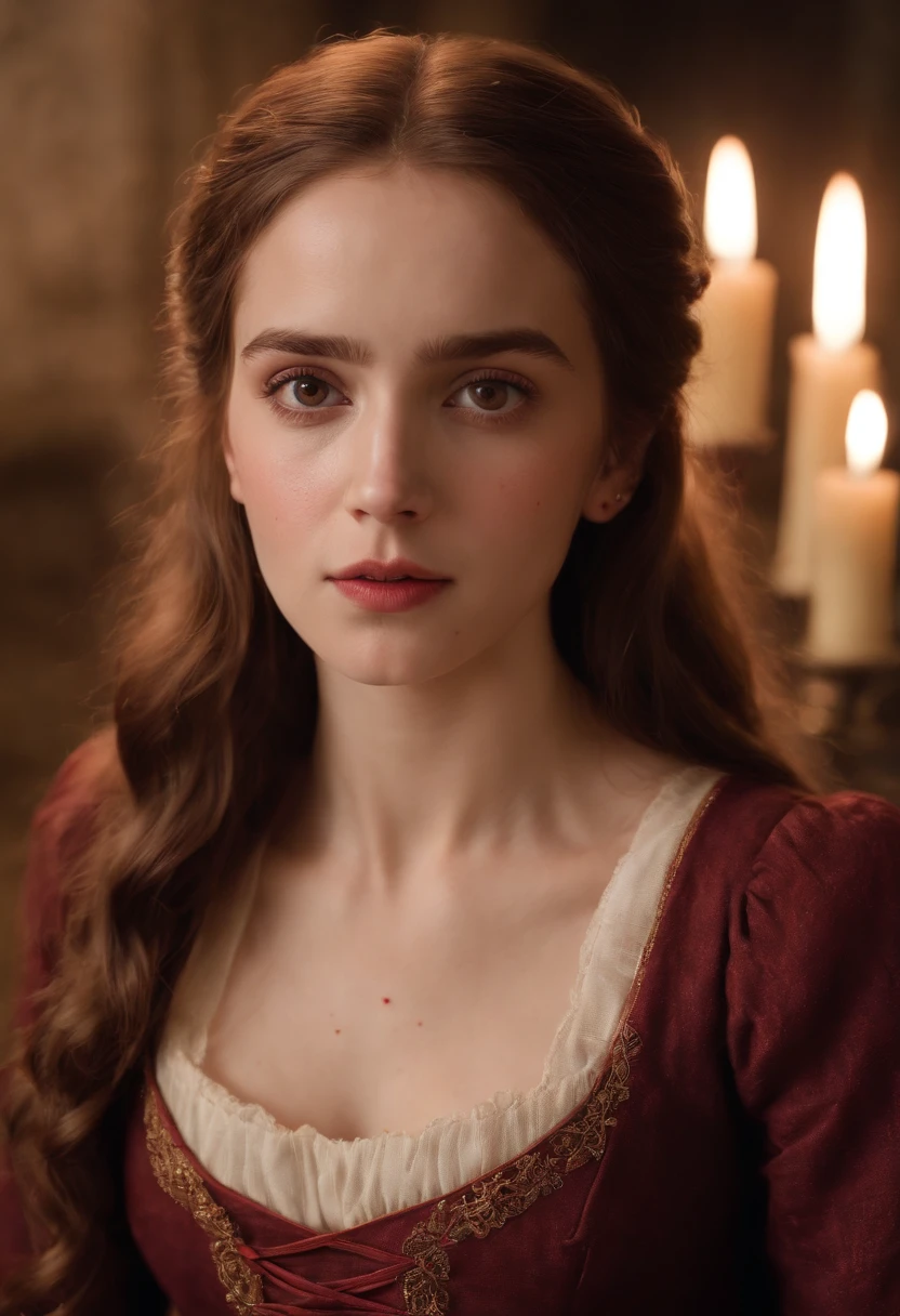 (((A deep reddish wound crosses her left cheek))) Hermione Granger, hairlong, Characteristic brown eyes, Wearing Kohl, slender and graceful, Beautiful, Candles in a medieval setting, ultra sharp focus, realistic shot, Medieval women's clothing, Notebook colors (scar:1.4)