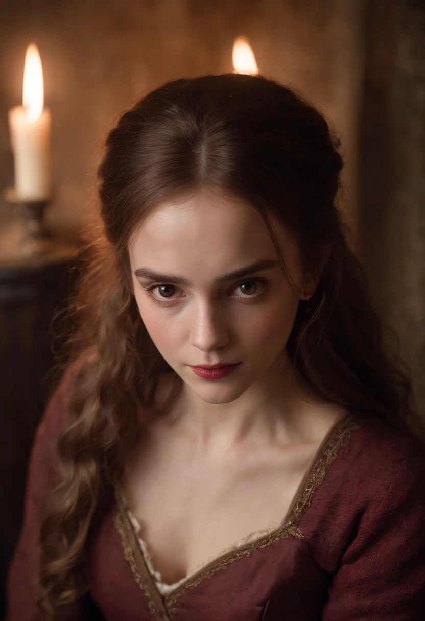 (((A deep reddish wound crosses her left cheek))) Hermione Granger, hairlong, Characteristic brown eyes, Wearing Kohl, slender and graceful, Beautiful, Candles in a medieval setting, ultra sharp focus, realistic shot, Medieval women's clothing, Notebook colors (scar:1.4)
