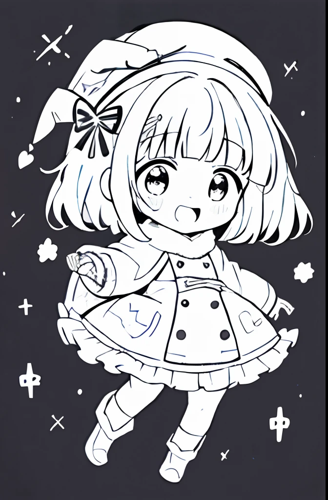 sketch,((((coloring book,monochrome,lineart,white onry)))),high contrast;alittle witch girl putted on winter magical hat,(having twin tail),and wearing winter dress robe;((masterpiece)),((high quality)),((high detailed)),((8k wallpaper)); embarrassed;from above,full body,dynamic angle,posing;round (dropped) eyes;wind,snow particles;((1girl)),((chibi)),((short hair)),twin tail,winter dress robe,magical hat,hair pin,ribbon,twin tail,socks,boots;open mouth,(light smile),(frill);((girl's comic)),((icon)),inkspace,(((adobe illustration))),thick outline,600dpi,pixelart