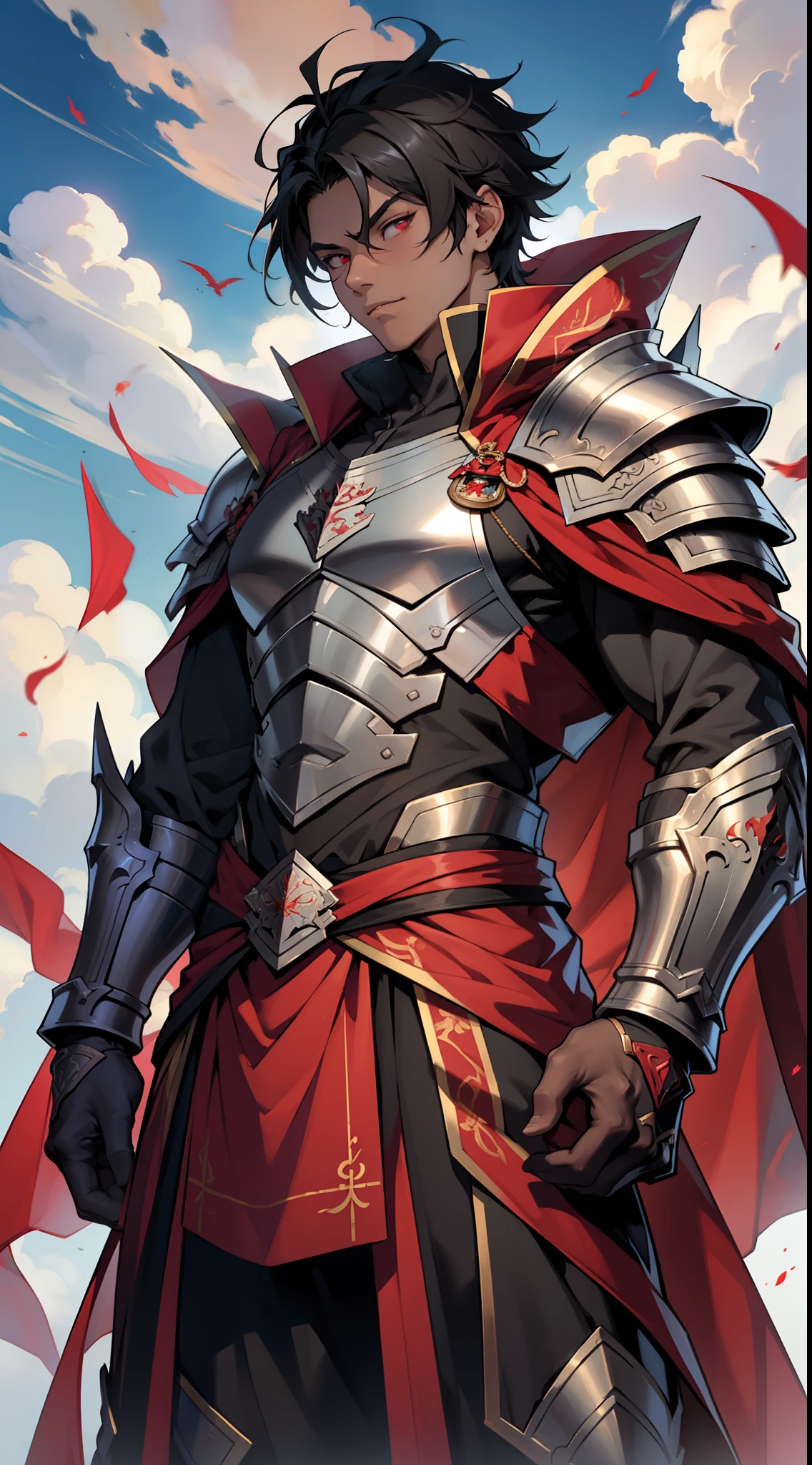 tmasterpiece，Need，超高分辨率，shoun，Black armor，scutes，Cloak，musculature，(with short black hair)，red color eyes，Libido boy,scales，Clouds，Dark  skin