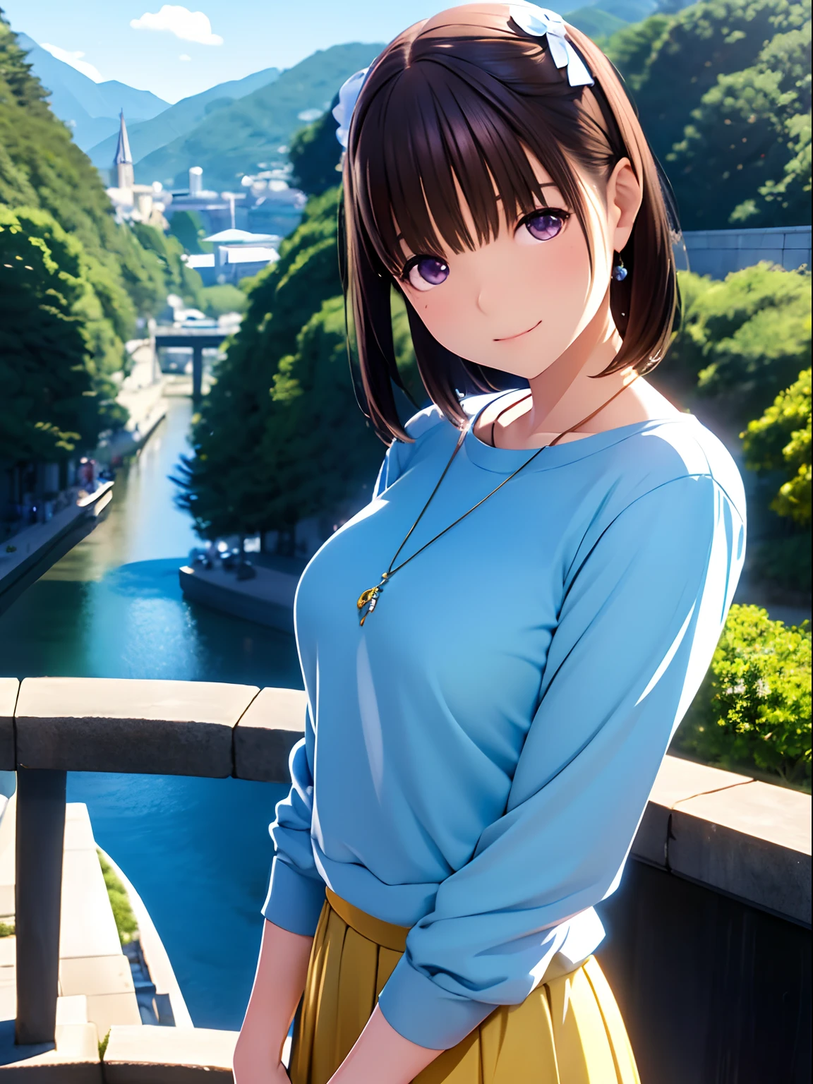 hight resolution,8K,Best Quality,detaileds,semi - realistic anime,Anime 3D Style,Smooth Anime CG,1 girl in,20 year old woman in Japan,slim,modeled,shiny chestnut hair,Medium Hair,Detailed face,Beautiful and detailed eyes,Glowing skin,(Long sleeve top、long  skirt),earring beautiful,a necklace,tag, with light glowing, plein air, (a street:0.8), (a person, Large crowds:1),Beautiful details sky, (dynamicposes:0.8),Hard Focus、film grains,Soft lighting,the wind,looking at the viewers,A smile