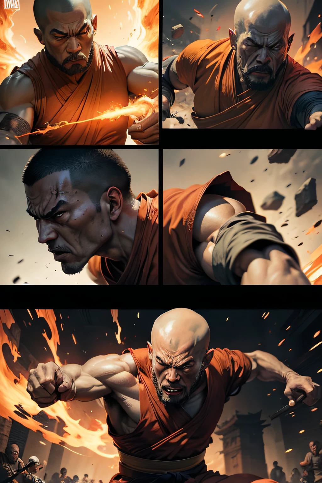 (1 page of a comic book with many plots), (Monk ShaoLin fights the red monks), (Monk ShaoLin defeats the Red Monks), A belligerent face, Looks harsh, The Red Fire Monks are scattered in the dark corridors, Shaolin Monk Fighting Red Monks, (Looks furious:5,0), In the Dark Corridors, Many Red Monks, Dark corners, comic style, Multiple images in one frame, Action storyboard, Best Quality, Highest Resolution, Extreme detailing, maximum definition