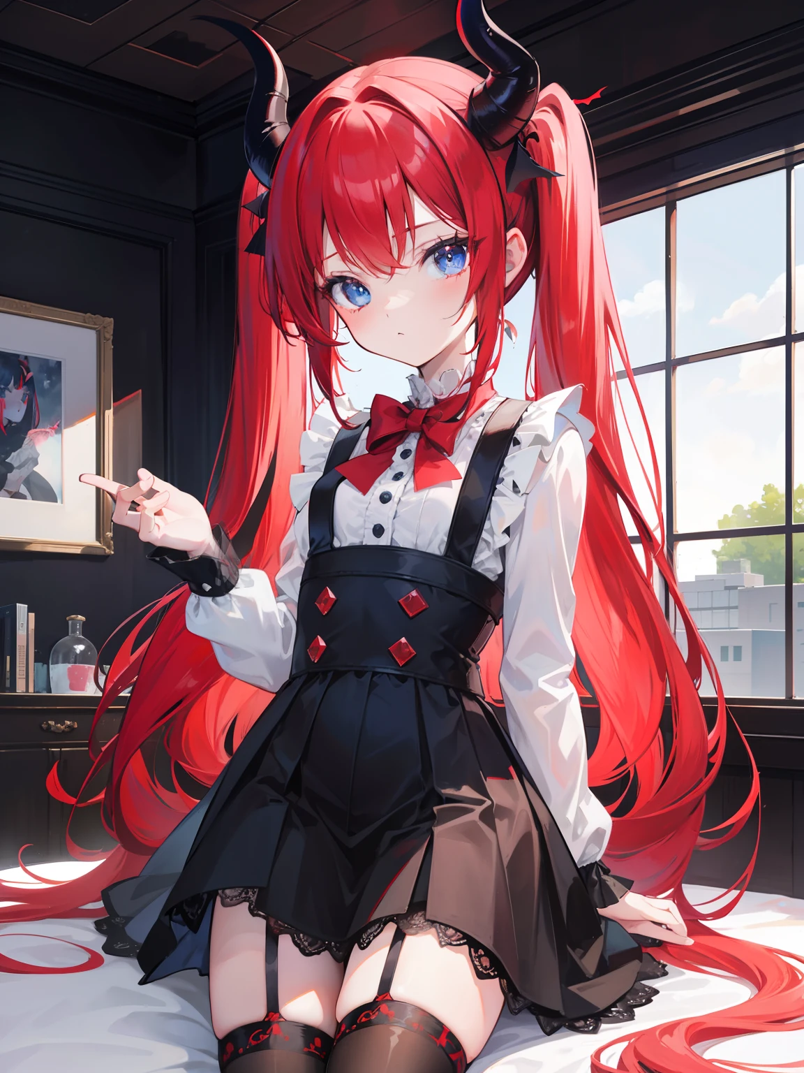 Red hair,Blue eyes,Twintails, Long hair, Solo, Loli, Black stockings,{{Best quality}}, {{Masterpiece}}, {{Ultra-detailed}}, {illustration}, {Detailed light}, {An extremely delicate and beautiful},Little girl,Cute,Succubus, demon,Horns