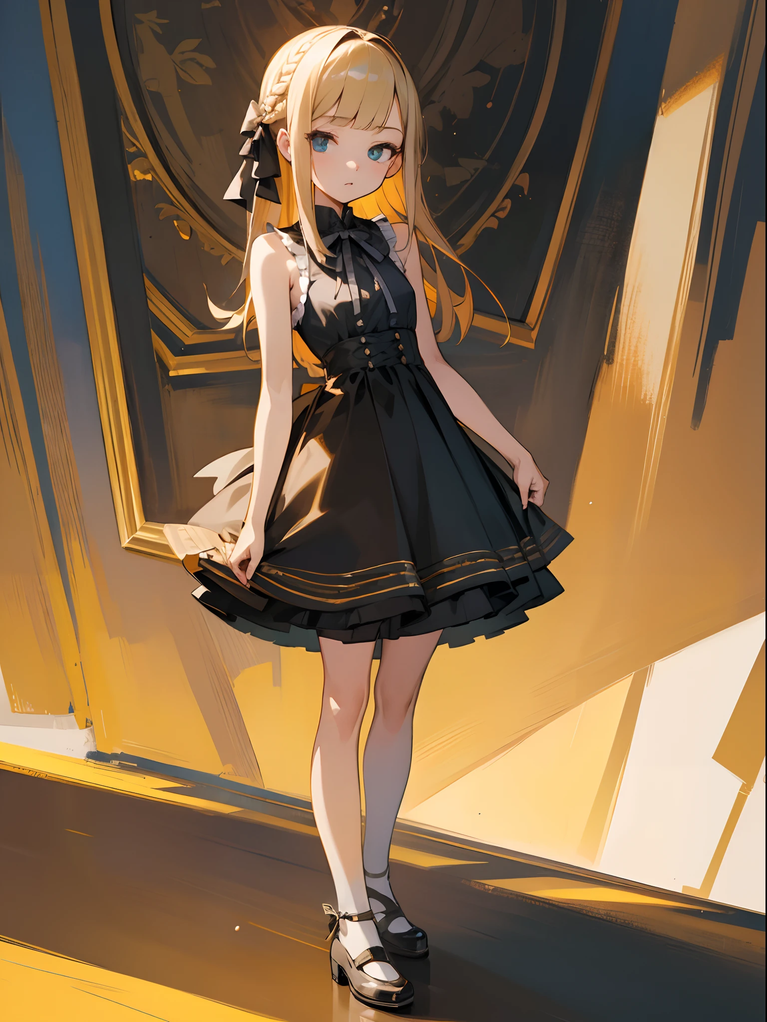 Reines, 1girl, high quality, best quality, illustration, masterpiece, (highly detailed:1.2), (extremely detailed:1.3), small breasts, child, sleeveless, young girl, string ribbon, short skirt, full body, braid, looking at viewers, ite, in a house