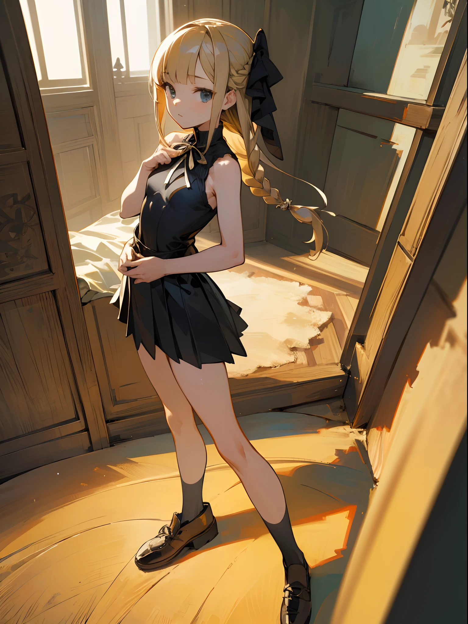 Reines, 1girl, high quality, best quality, illustration, masterpiece, (highly detailed:1.2), (extremely detailed:1.3), small breasts, child, sleeveless, young girl, string ribbon, short skirt, full body, braid, looking at viewers, petite, in a house