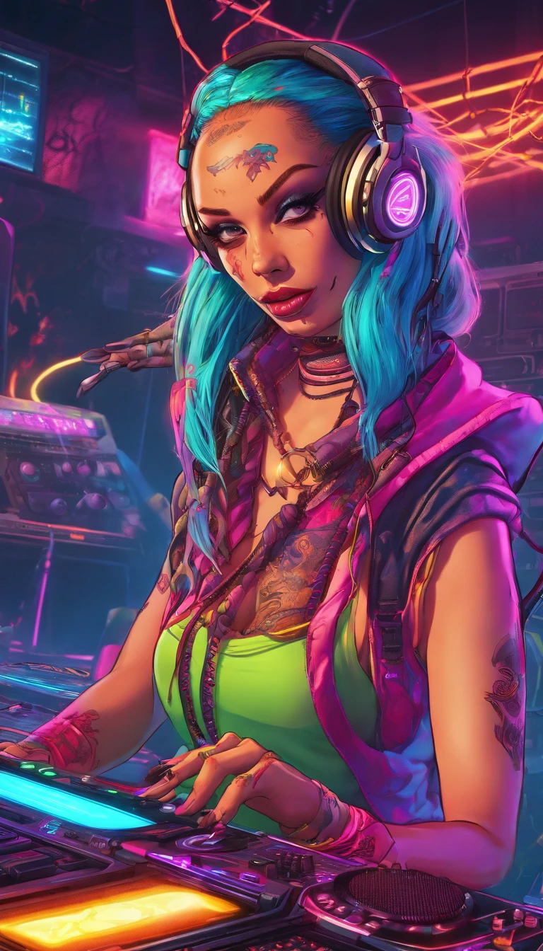 Colorful, hyper-realistic , cyberpunk, Psychedelic vampire female DJ plays dj instruments very crazy, looks intense, unlimited energy, full of passion, expression is so extraordinary, wearing vampire clothes integrated with modern cyberpunk dj costumes, complete with headphones and mic, tattooed cleavage, tattooed arms. DJ musical instruments are so sophisticated, neon cables everywhere, colorful neon cables add a futuristic impression that is so strong, psychedelic, neon wires, colorful, energy, sweat, crowd, epic futurism, crazy, explosive, high_res, very detailed