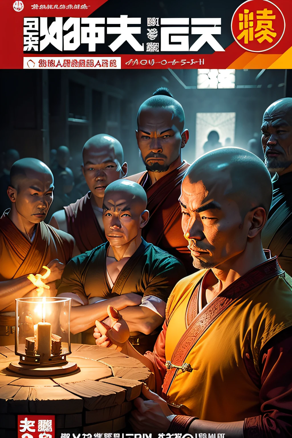 (1 page of a comic book with many plots), (Shaolin monk surrounded by other Shaolin monks), (Shaolin Monk and Brothers Celebrate Victory Over Enemies), calm face, Looks happy, (Looks calm:5,0), in the cells of the Shaolin Monastery, brightly, candle lights, Incense, BUDDHA STATUE, comic style, Multiple images in one frame, Action storyboard, Best Quality, Highest Resolution, Extreme detailing, maximum definition