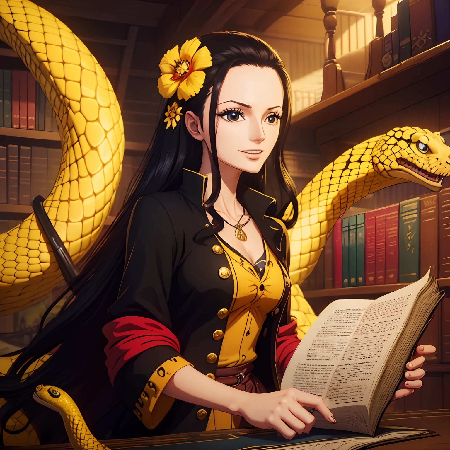 Location art, key art, best quality, master piece, Detailed U, one piece, One Piece Style, Location art, key art, best quality, on a pirate ship, a woman with long hair, black clothes, Laughing, Nico Robin, flower in hair, Studying, library, archaeologist, books, yellow snake big, yellow snake, happy expression, perfect