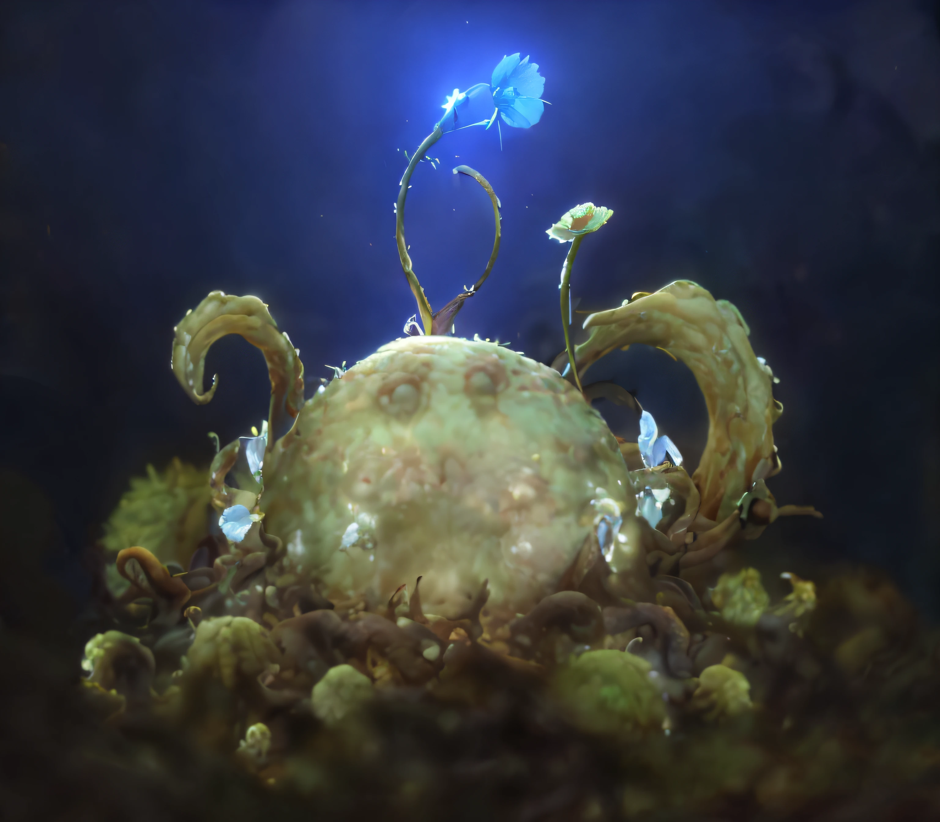 (best quality,4k,highres:1.2),ultra-detailed,realistic,3D rendering,portrait,anime,cartoon,octopus close-up with a flower on its head,two small black eyes,cute,Q-version,gorgeous tentacles growing around it,hybrid creature of tentacles and plant monsters,alien flower,tentacles surrounding,Tentacool,thorny tentacles,alien mushroom with tentacles,a huge tentacle,blue flower on its head,monstrous fangs,terrifying details,bark texture captured,entirely brown,self-illuminating lighting