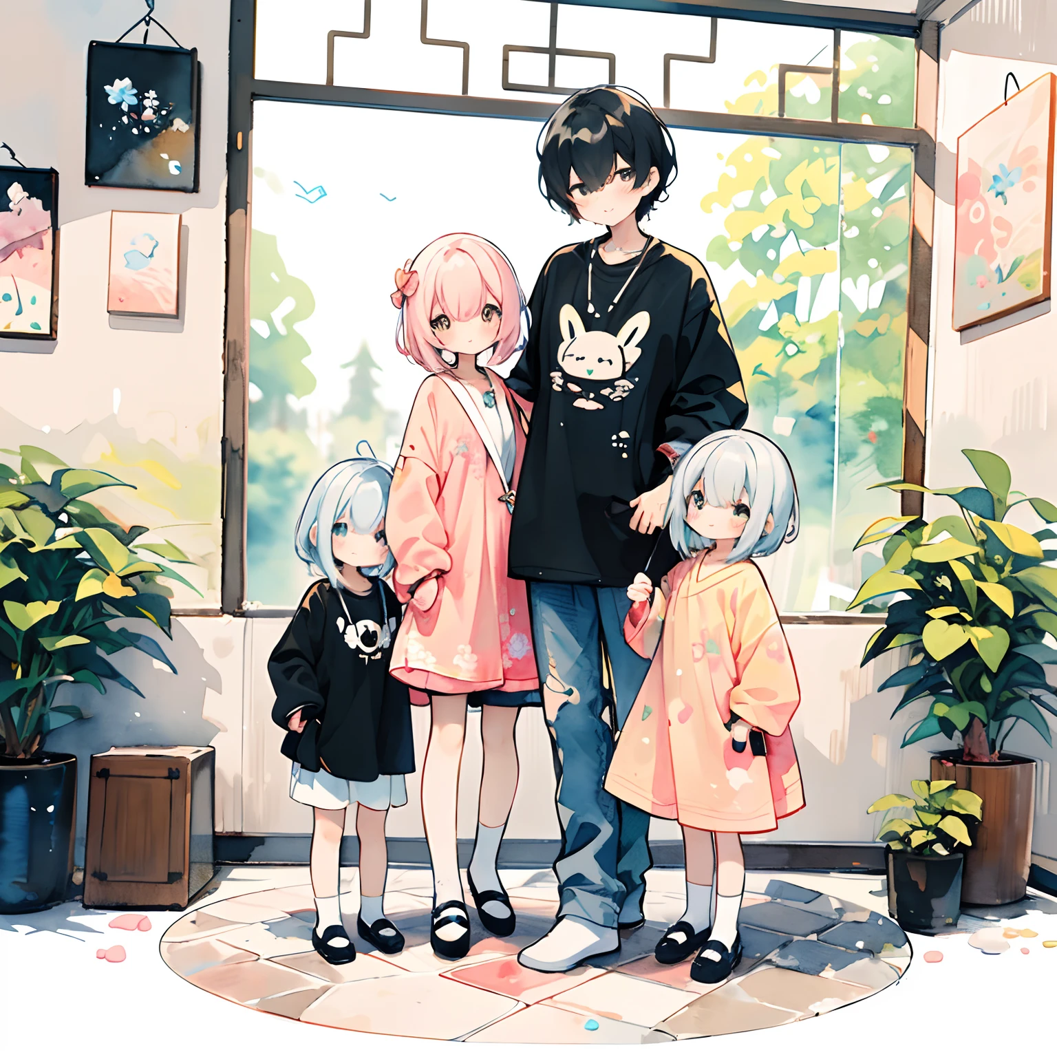 (PastelColors:1.5)、(Cute illustration:1.5)、(watercolor paiting:1.2)、1 Youth Full Body Subian、facing front、Beautiful fece、Fashionable design clothes、Fashionable jumpers、Chinese、White and orange and black motifs、short-hair、Fantasia、Clear、Happiness、kirakira、smil、The best smile、Good family、mothers、Father、A daughter、Family Illustration、Best Friendship、Contact、embracing each other、Calm mother、Cool father、kawaii girl、Family Photography