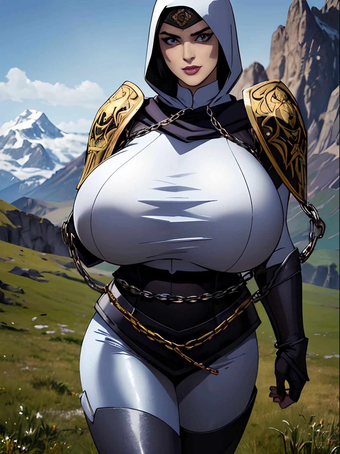 (masterpiece, top quality, best quality, official art, beautiful and aesthetic:1.2), (1girl:1.3), light freckles, fair skin, extremely detailed, portrait, looking at viewer, solo, (full body:0.6), detailed background, close up, (warm grasslands theme:1.1), holy paladin knight, charlatan, smirk, mysterious, swaying in mountains, modest attire, ornate white and gold armor, cowl, nun hood, wimple, boob armor, cowl, robe, chain mail, chainmail, leggings, chainmail leggings, chain mail leggings, breastplate, tabard, gorget, hood, pauldrons, greaves, armored, long boots, longsword, shield, cape, cloak, white fabric, pale leather, ((((gigantic breasts)))), slim waist, slim hips, long legs, medieval (mountain exterior:1.1) background, dark mysterious lighting, shadows, magical atmosphere, dutch angle,