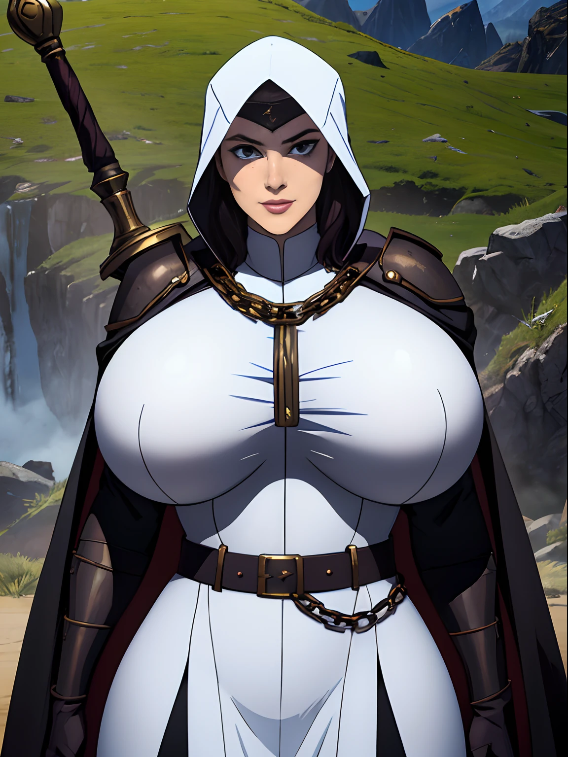 (masterpiece, top quality, best quality, official art, beautiful and aesthetic:1.2), (1girl:1.3), light freckles, fair skin, extremely detailed, portrait, looking at viewer, solo, (full body:0.6), detailed background, close up, (warm grasslands theme:1.1), holy paladin knight, charlatan, smirk, mysterious, swaying in mountains, modest attire, ornate white and gold armor, cowl, nun hood, wimple, boob armor, cowl, robe, chain mail, chainmail, leggings, chainmail leggings, chain mail leggings, breastplate, tabard, gorget, hood, pauldrons, greaves, armored, long boots, longsword, shield, cape, cloak, white fabric, pale leather, ((((gigantic breasts)))), slim waist, slim hips, long legs, medieval (mountain exterior:1.1) background, dark mysterious lighting, shadows, magical atmosphere, dutch angle,
