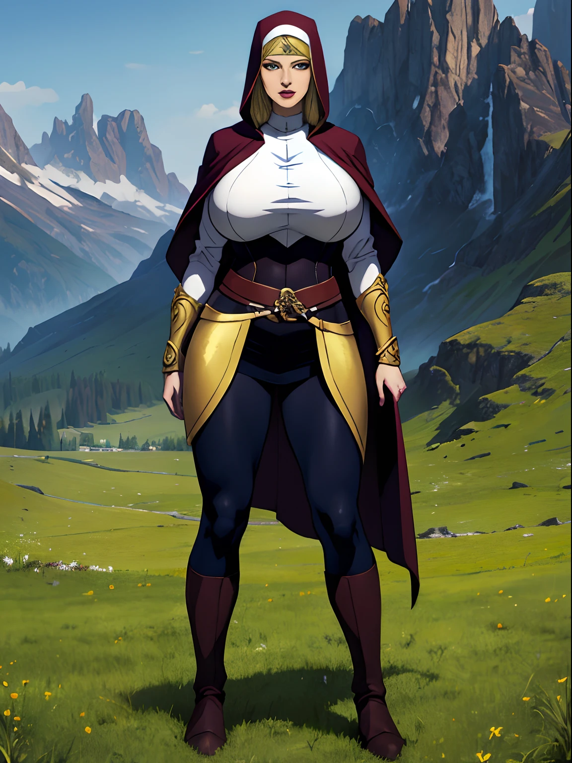 (masterpiece, top quality, best quality, official art, beautiful and aesthetic:1.2), (1girl:1.3), light freckles, fair skin, extremely detailed, portrait, looking at viewer, solo, (full body:0.6), detailed background, close up, (warm grasslands theme:1.1), holy paladin knight, charlatan, smirk, mysterious, swaying in mountains, modest attire, ornate white and gold armor, cowl, nun hood, wimple, boob armor, cowl, robe, chain mail, chainmail, leggings, chainmail leggings, chain mail leggings, breastplate, tabard, gorget, hood, pauldrons, greaves, armored, long boots, longsword, shield, cape, cloak, white fabric, pale leather, ((((gigantic breasts)))), slim waist, slim hips, long legs, medieval (mountain exterior:1.1) background, dark mysterious lighting, shadows, magical atmosphere, dutch angle,