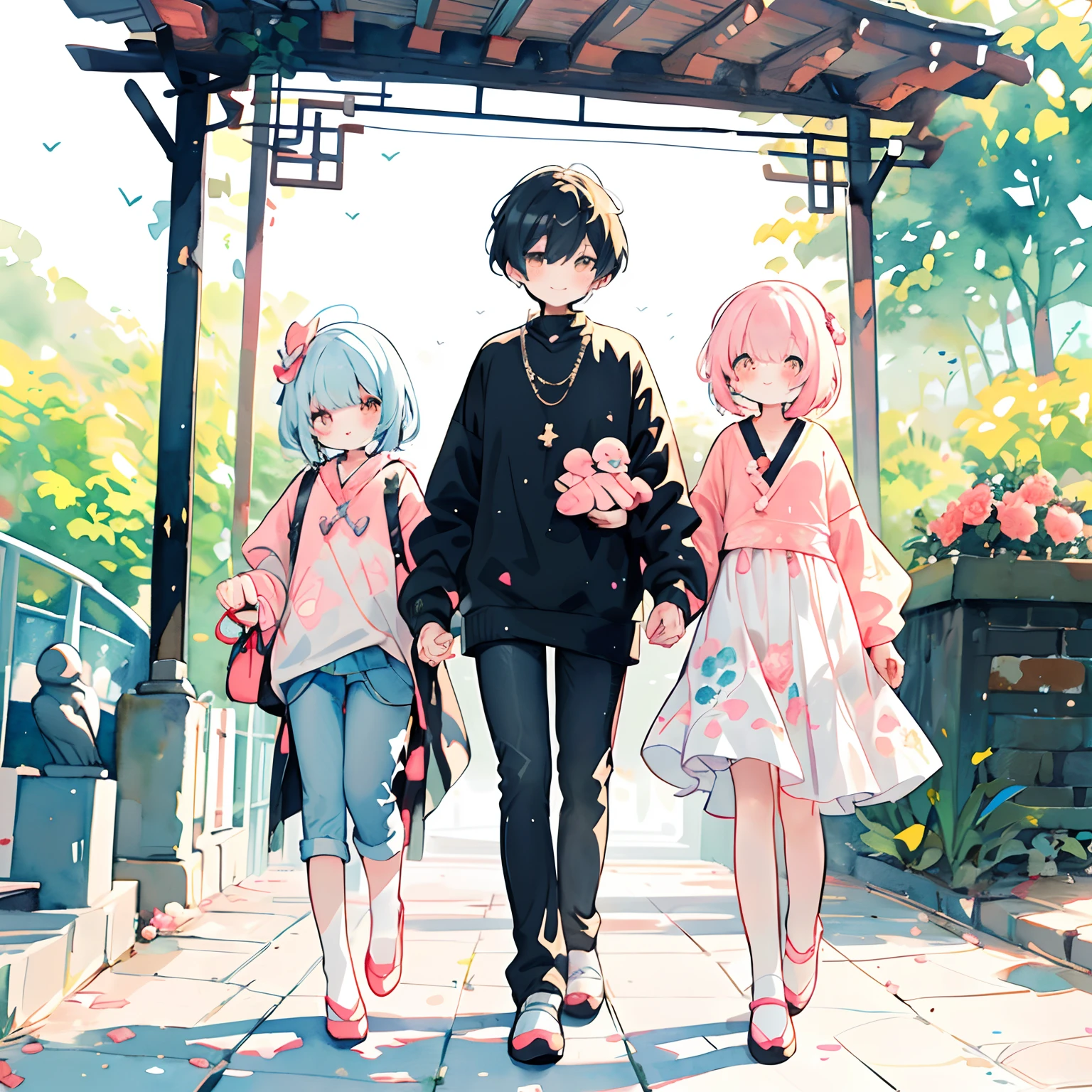 (PastelColors:1.5)、(Cute illustration:1.5)、(watercolor paiting:1.2)、uth Full Body Subian、facing front、Beautiful fece、Fashionable design clothes、Fashionable jumpers、Chinese、White and orange and black motifs、short-hair、Fantasia、Clear、Happiness、kirakira、smil、The best smile、Good family、mothers、father、A daughter、Family Illustration、Best friendship、Contact、embracing each other、Gentle mother、Cool dad、Kawaii Girl、Family Photography、Happy smiling face、The best smile
