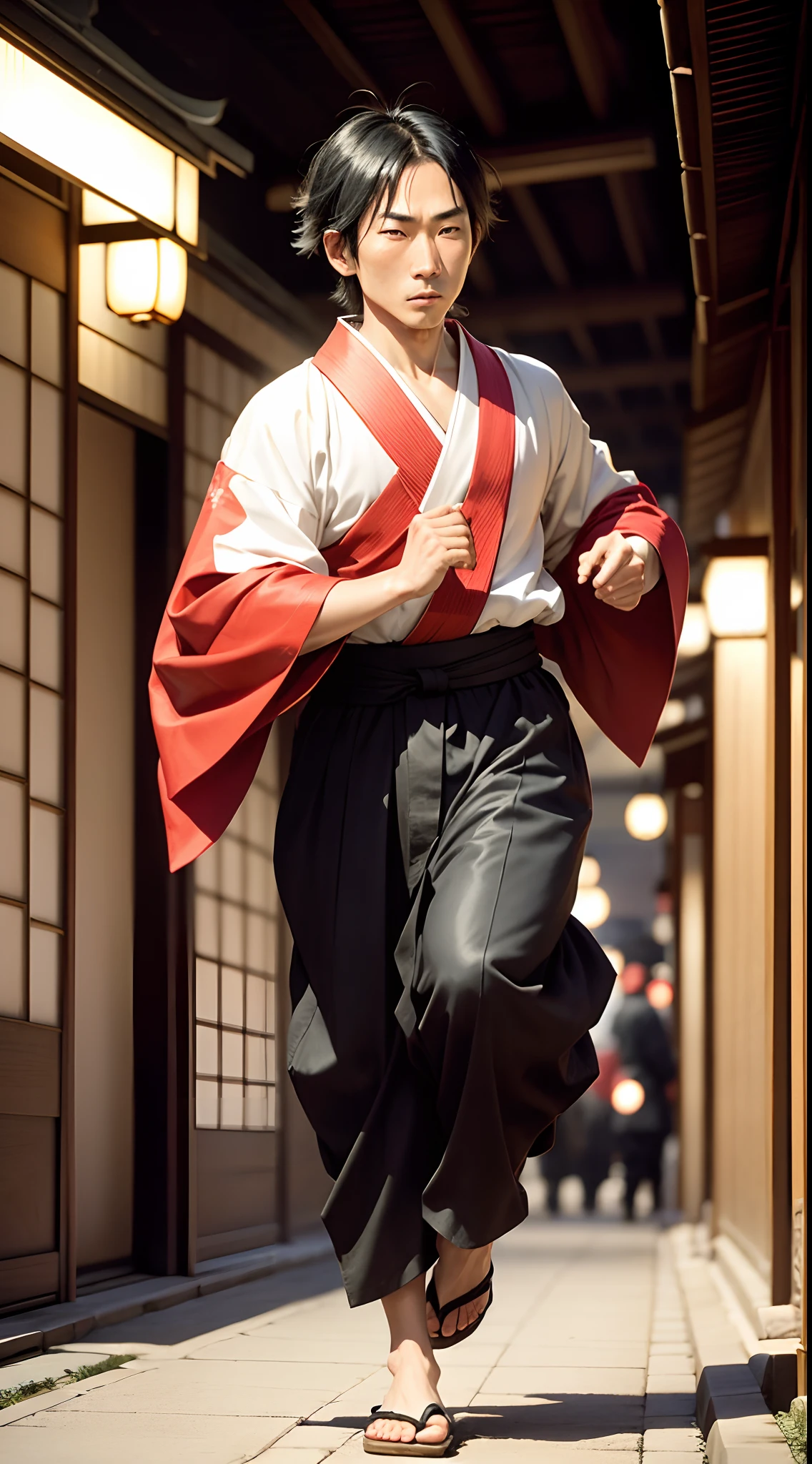 Japanese man, kimono,black hair,thief, Japanese edo period, recovered photograph,run in nigt city ,steal money(disposable film: 1.2), bad lighting, dim