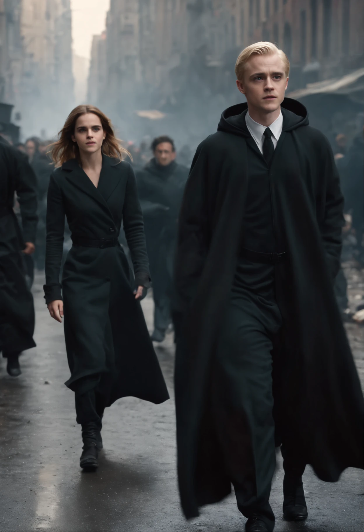 Emma Watson and Draco Malfoy are running from (nuclear explosion at background) cyberpunk city crowded by people in black robes, focus on mushroom explosion, ((street full of people with black robes and hoods)), ((crowded city)) dark, eerie , 32k resolution, best quality (street view) by MSchiffer