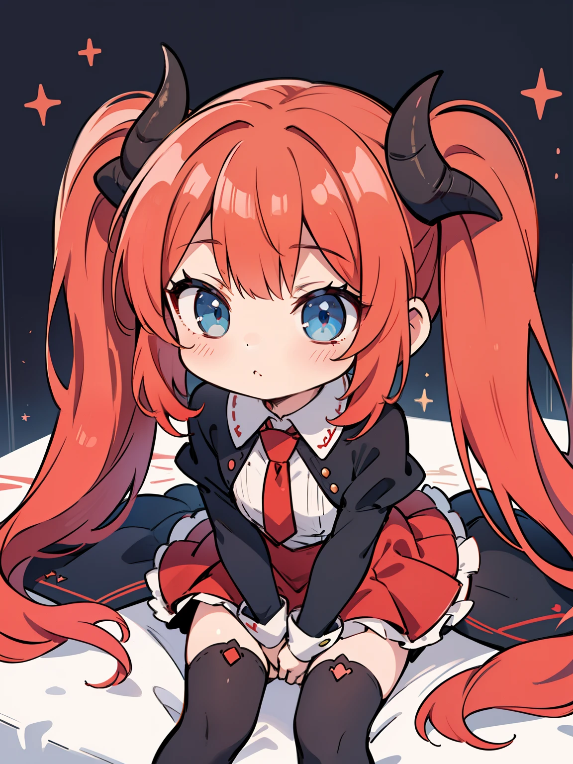 Red hair,Blue eyes,Twintails, Long hair, Solo, Loli, Black stockings,{{Best quality}}, {{Masterpiece}}, {{Ultra-detailed}}, {illustration}, {Detailed light}, {An extremely delicate and beautiful},Little girl,Cute,Succubus, demon,Horns