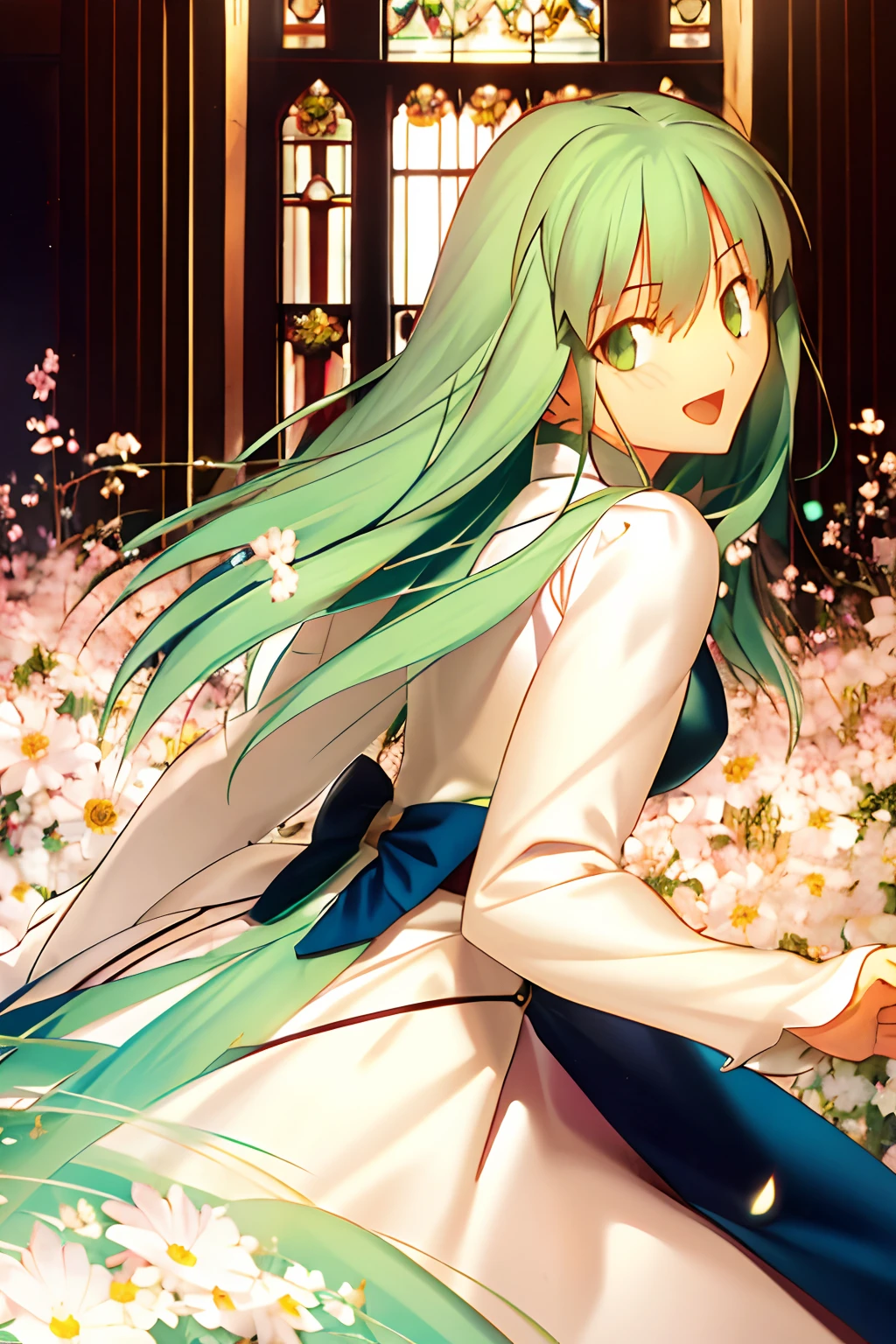 A 25-year-old woman, green hair, wears a white flowery, anime, medieval dress.
