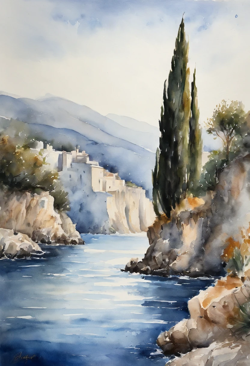 A SENSE OF CINEMA,Beautiful white terrace,Black cypresses hanging down,In the distance, the blue sea, A crowd of people in white clothes