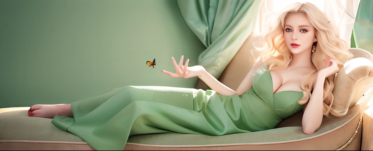 Blonde woman in green dress sitting on sofa，Butterflies fluttered around her, 4k，hyper HD，Thick blonde hair，Beautiful Finger，Beautiful toes，a sexy pose， stunning elegant pose, Very Beautiful Digital Art, beautiful gorgeous digital art, stunning digital illustration,  Alena Emani Digital Art, by Galen Dara