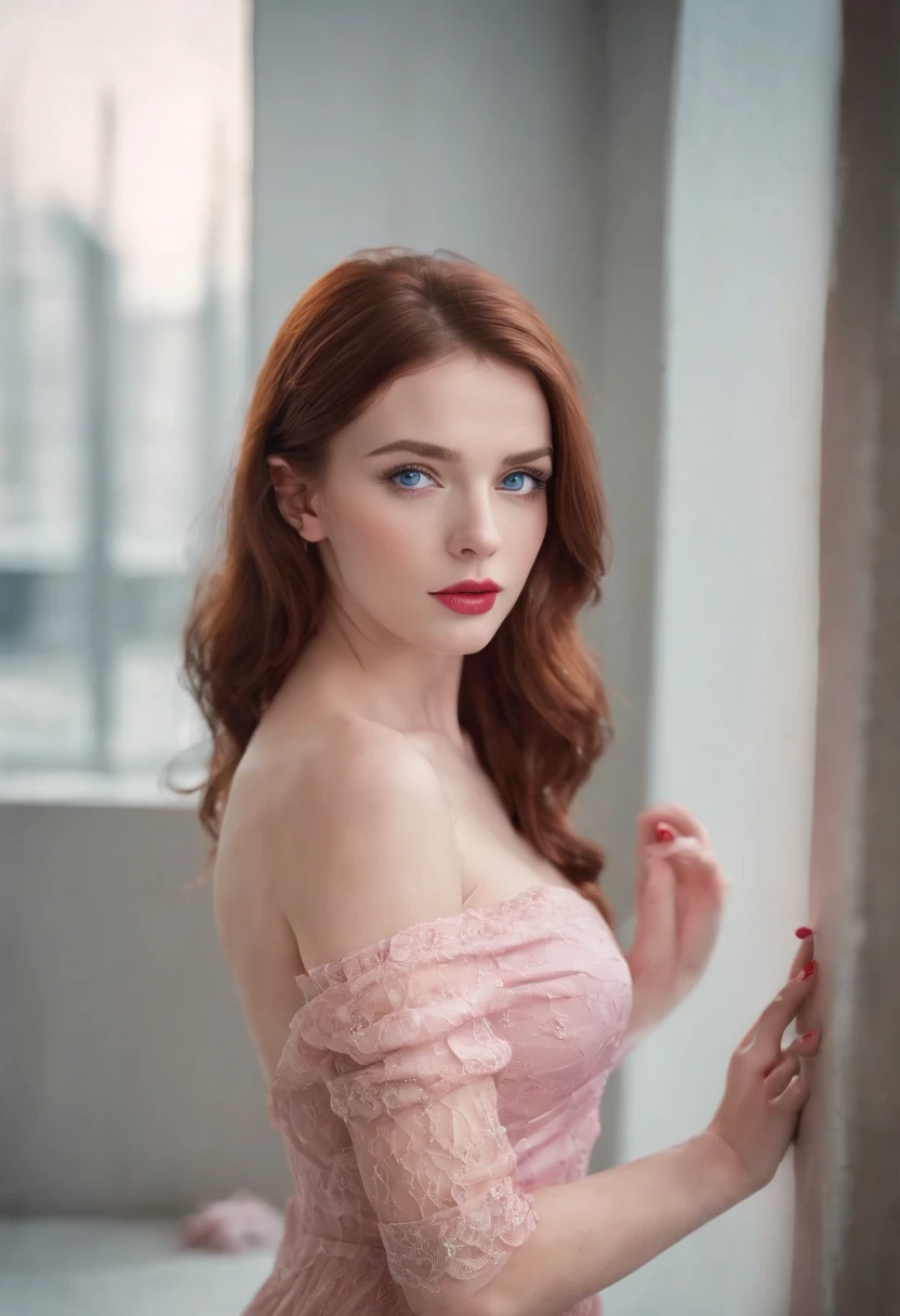 reddish brown hair girl, blue eyes, beautiful, full body, small breasts, wearing a pink short dress with fishnet stockings, high heels, red lipstick, full body from head to feet