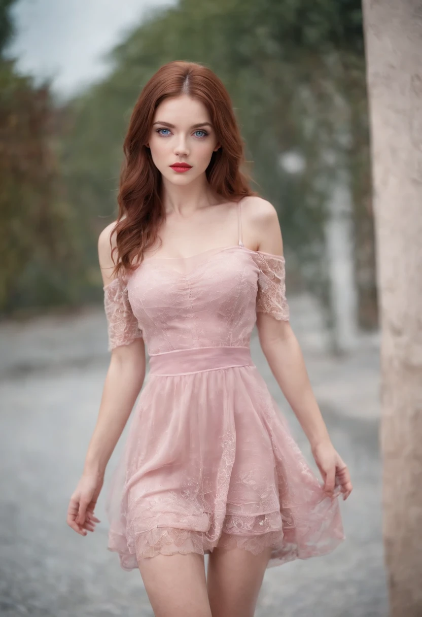 reddish brown hair girl, blue eyes, beautiful, full body, small breasts, wearing a pink short dress with fishnet stockings, high heels, red lipstick, full body from head to feet