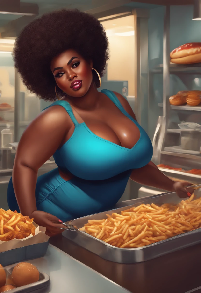 (Fast food worker) ghetto, ratchet, afro hair, (black hair color), shiny dark skin, huge point perky breasts, curvy, thicc, bbw, voluptuous body, hourglass figure, belly poking out, fat chubby, eating, tight work clothes