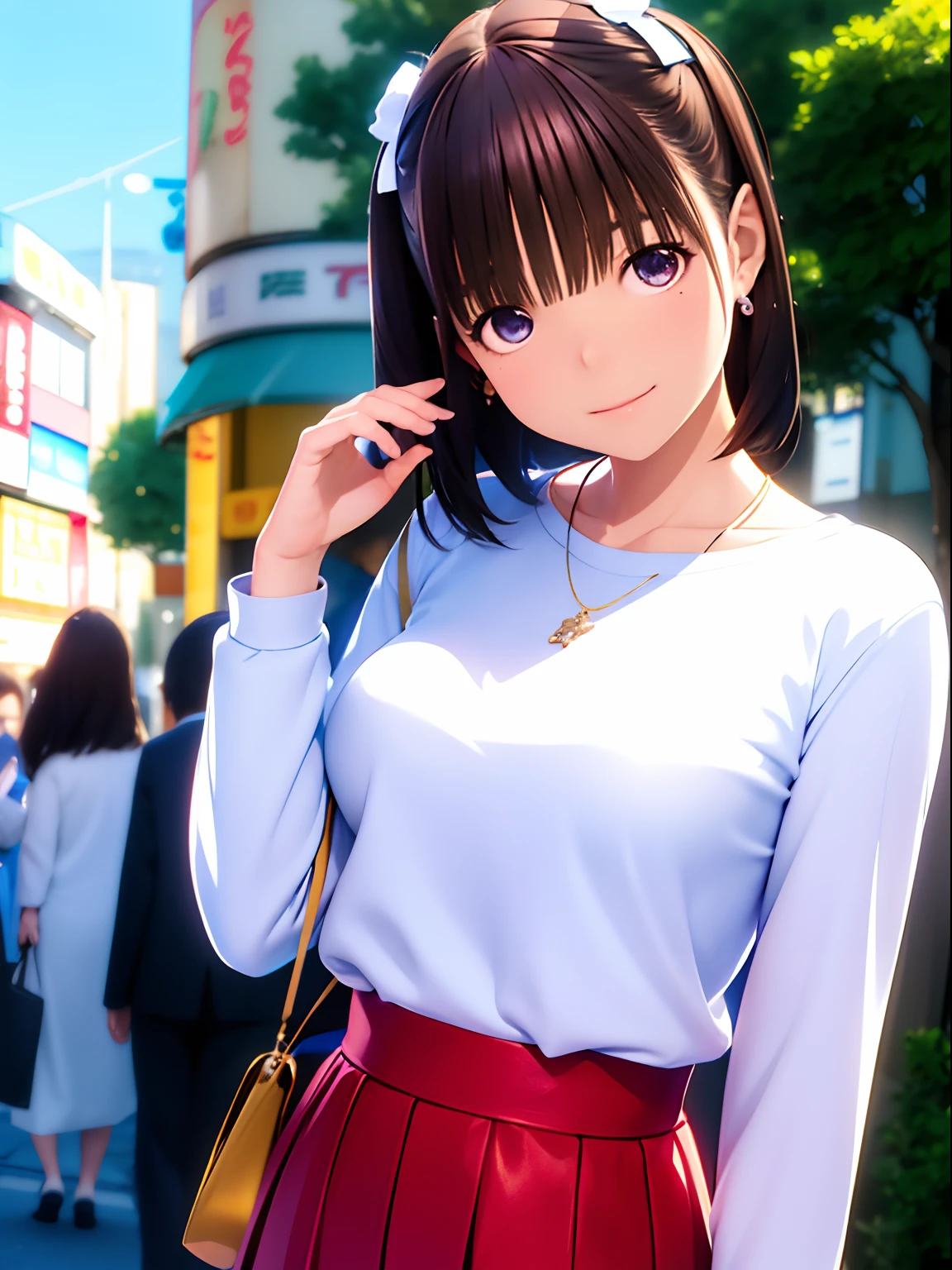 hight resolution,8K,Best Quality,detaileds,semi - realistic anime,Anime 3D Style,Smooth Anime CG,1 girl in,20 year old woman in Japan,slim,modeled,shiny chestnut hair,Medium Hair,Detailed face,Beautiful and detailed eyes,Glowing skin,(Long sleeve top、long  skirt),earring beautiful,a necklace,tag, with light glowing, plein air, (a street:0.8), (a person, Large crowds:1),Beautiful details sky, (dynamicposes:0.8),Hard Focus、film grains,Soft lighting,the wind,looking at the viewers,A smile